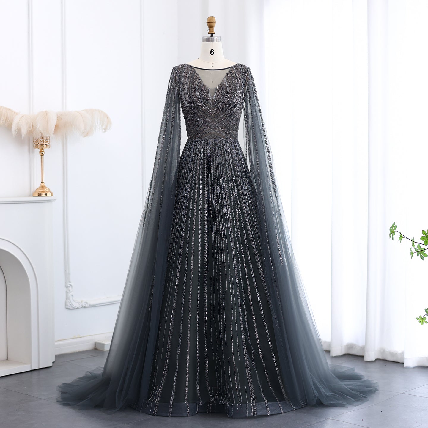 Luxury Gray Green Evening Dress with Cape Sleeves SS005  Gray Green / US 20