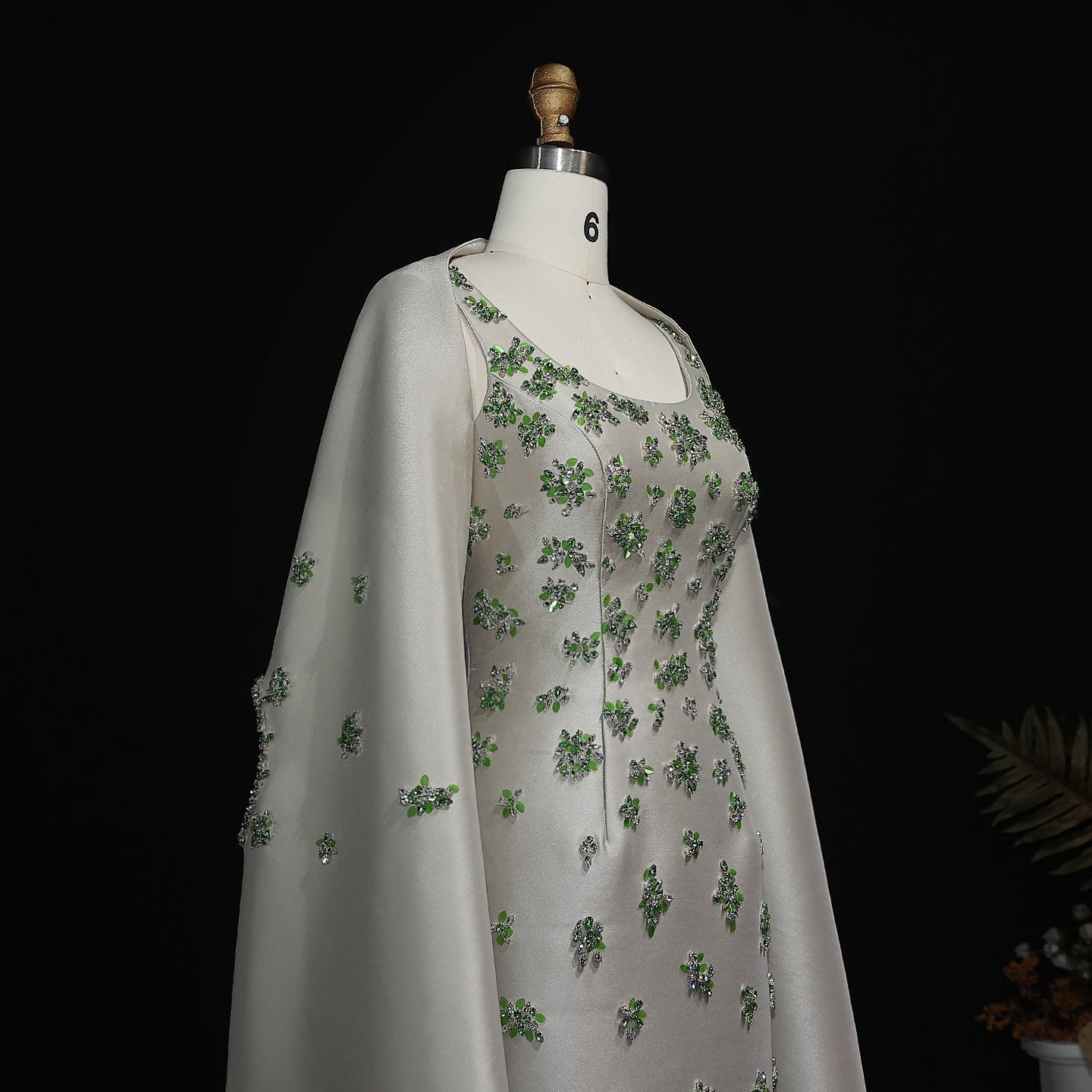 Chic Sage Green 3D Floral Beaded Evening Dress with Cape SS536