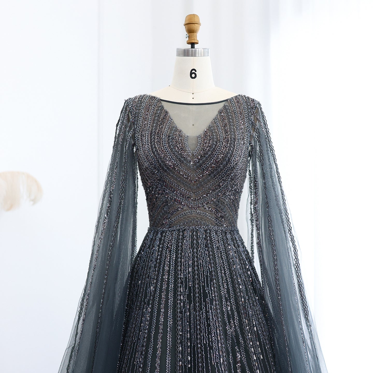 Luxury Gray Green Evening Dress with Cape Sleeves SS005