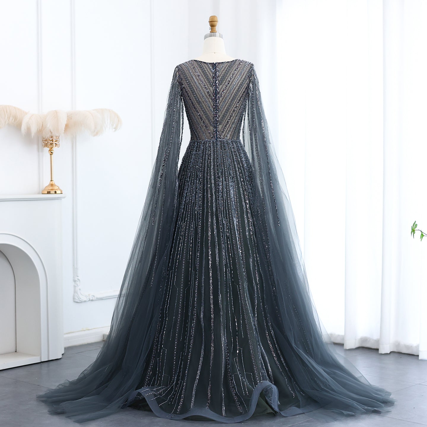 Luxury Gray Green Evening Dress with Cape Sleeves SS005