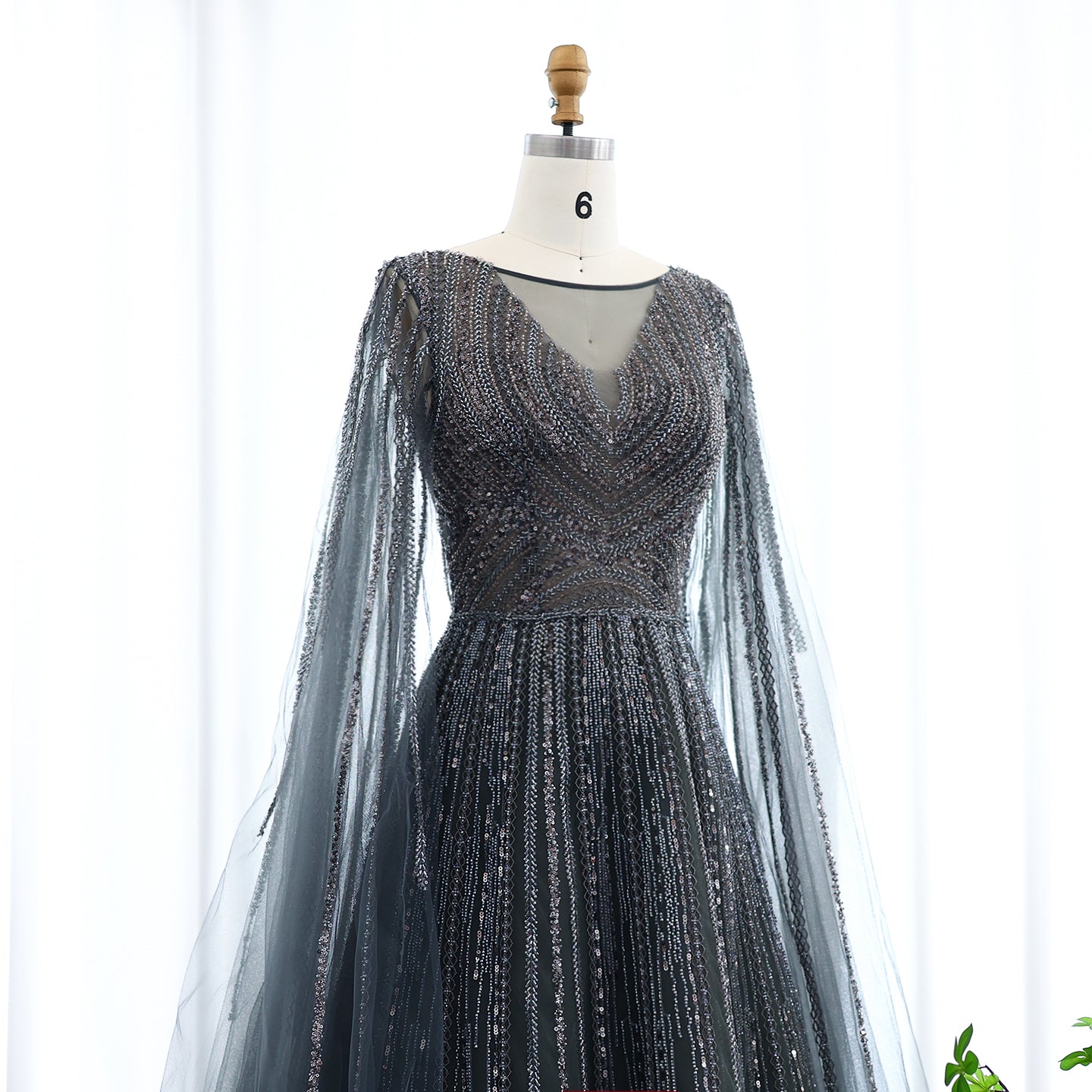 Luxury Gray Green Evening Dress with Cape Sleeves SS005