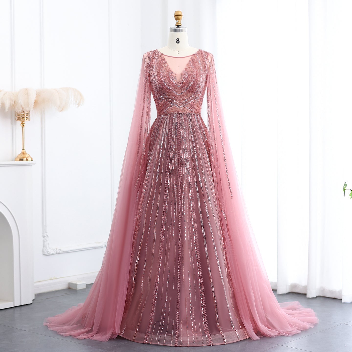 Luxury Gray Green Evening Dress with Cape Sleeves SS005  Pink / US 20