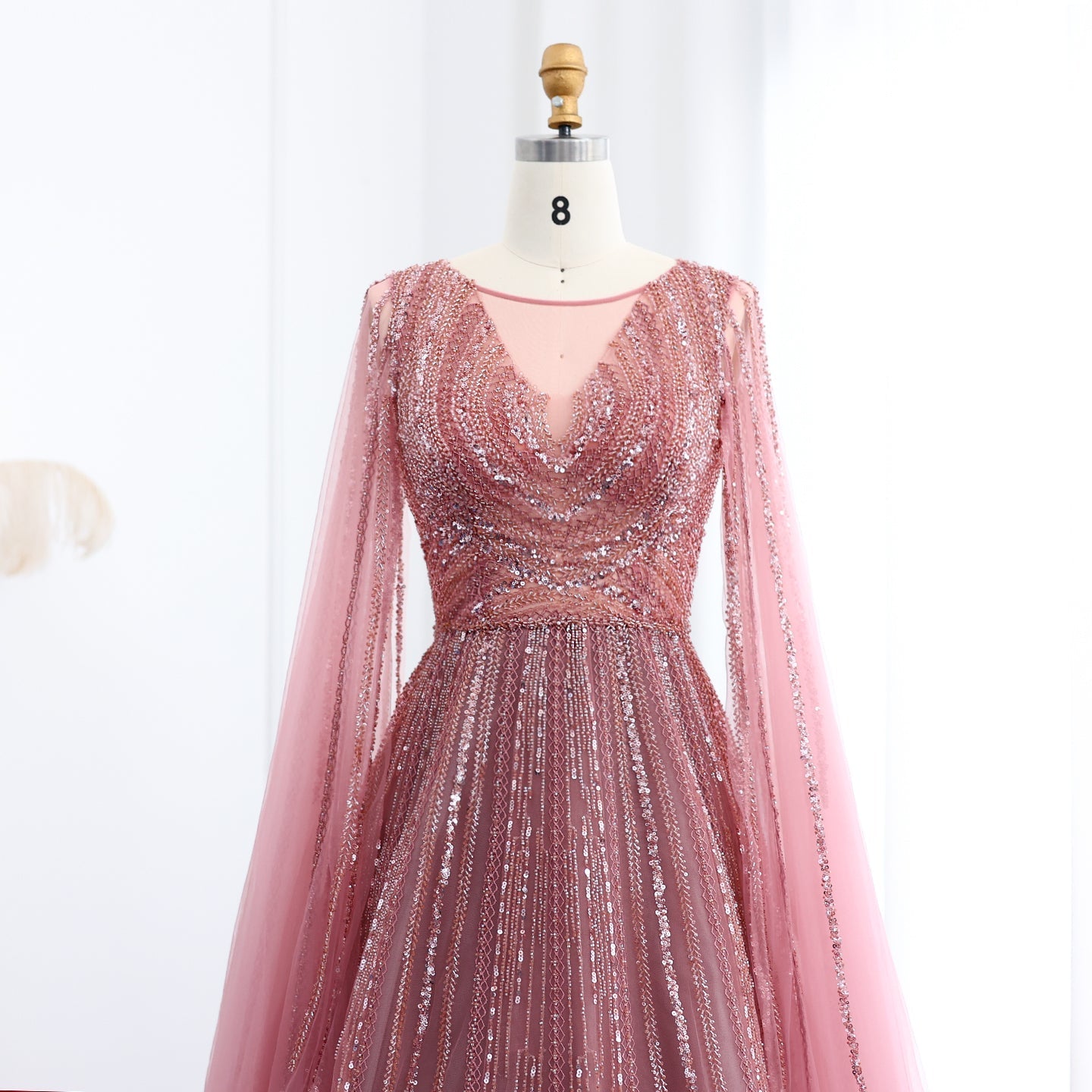 Luxury Gray Green Evening Dress with Cape Sleeves SS005