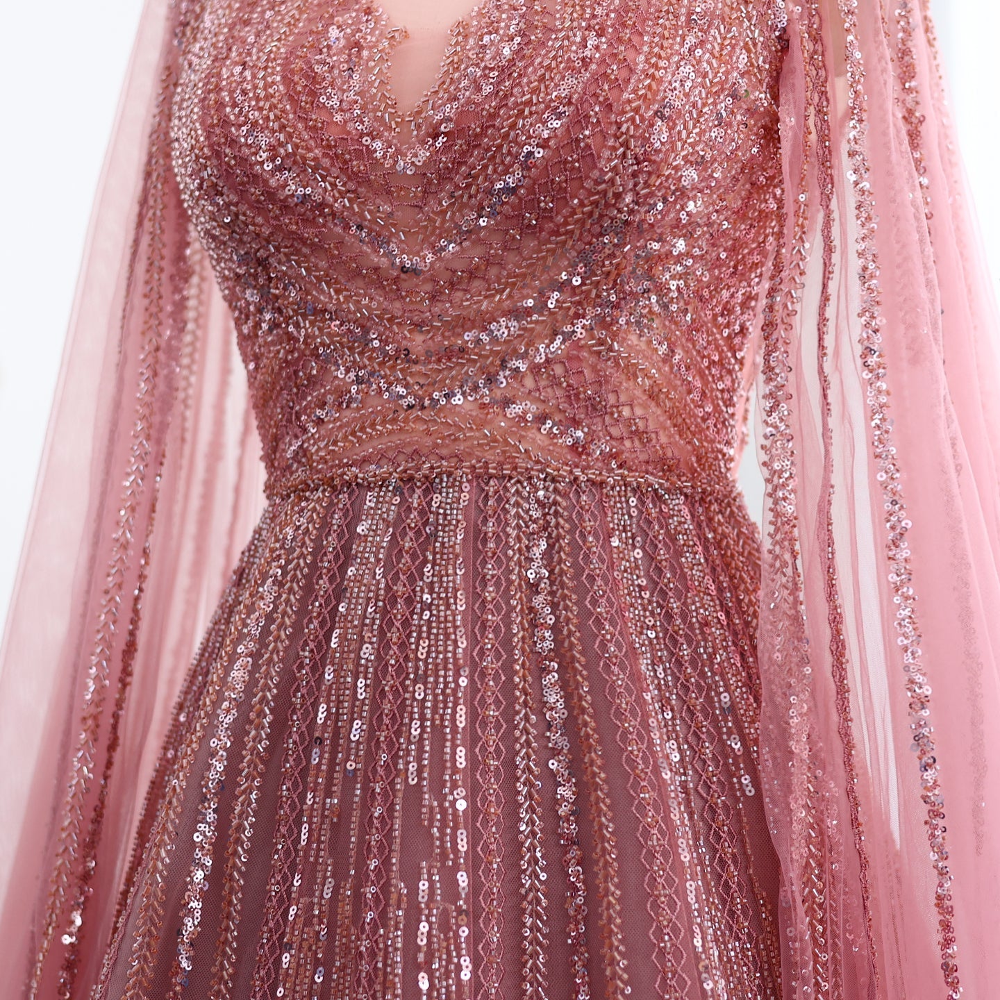 Luxury Gray Green Evening Dress with Cape Sleeves SS005