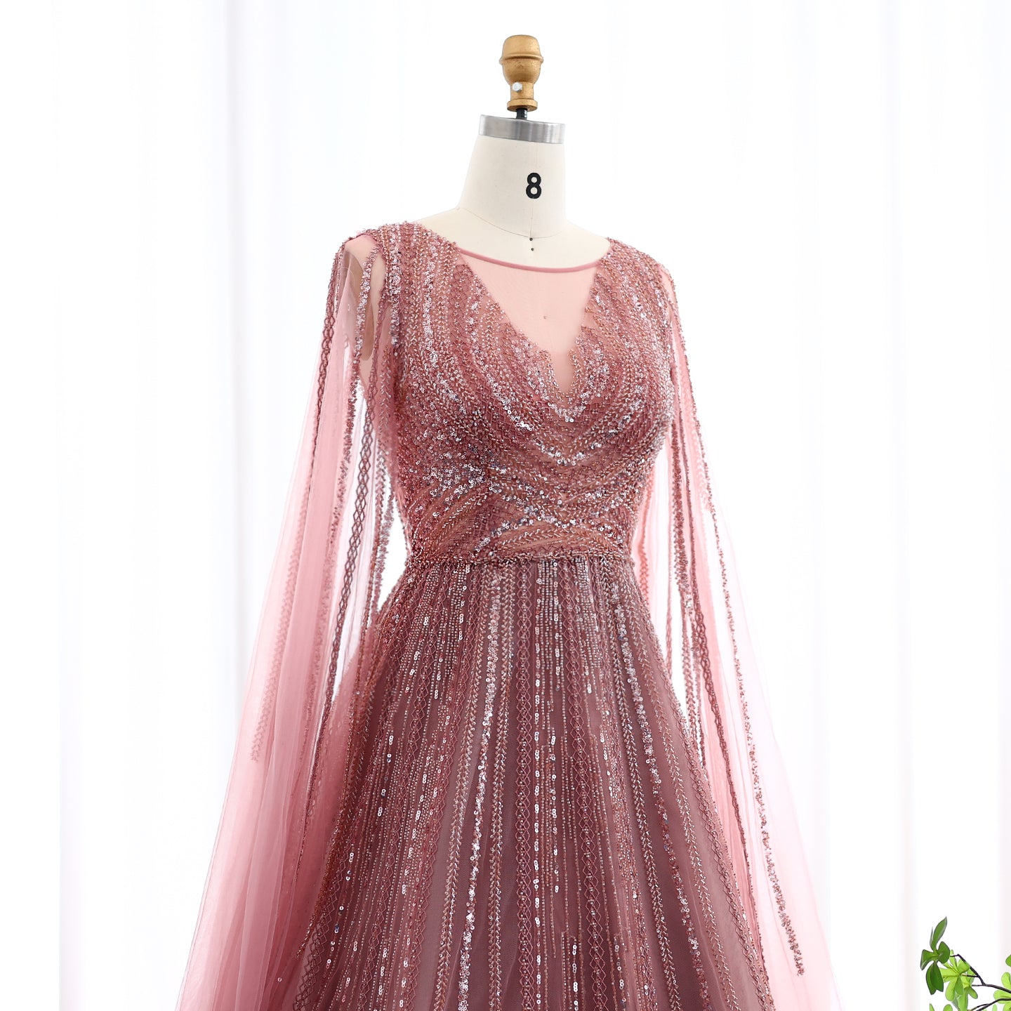 Luxury Gray Green Evening Dress with Cape Sleeves SS005