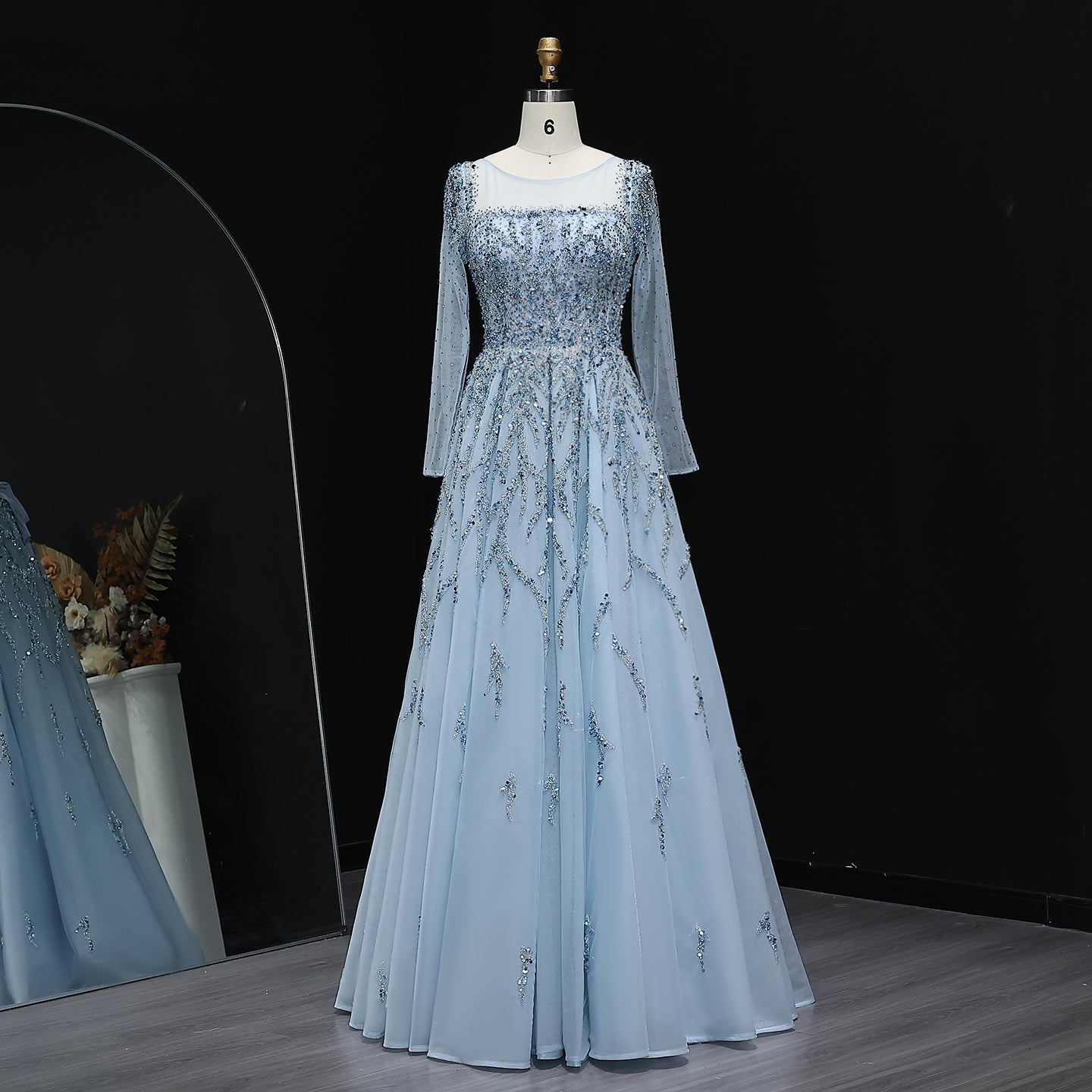 Luxury Beaded Pink Long Sleeves Evening Dress SS453  Blue / US 16