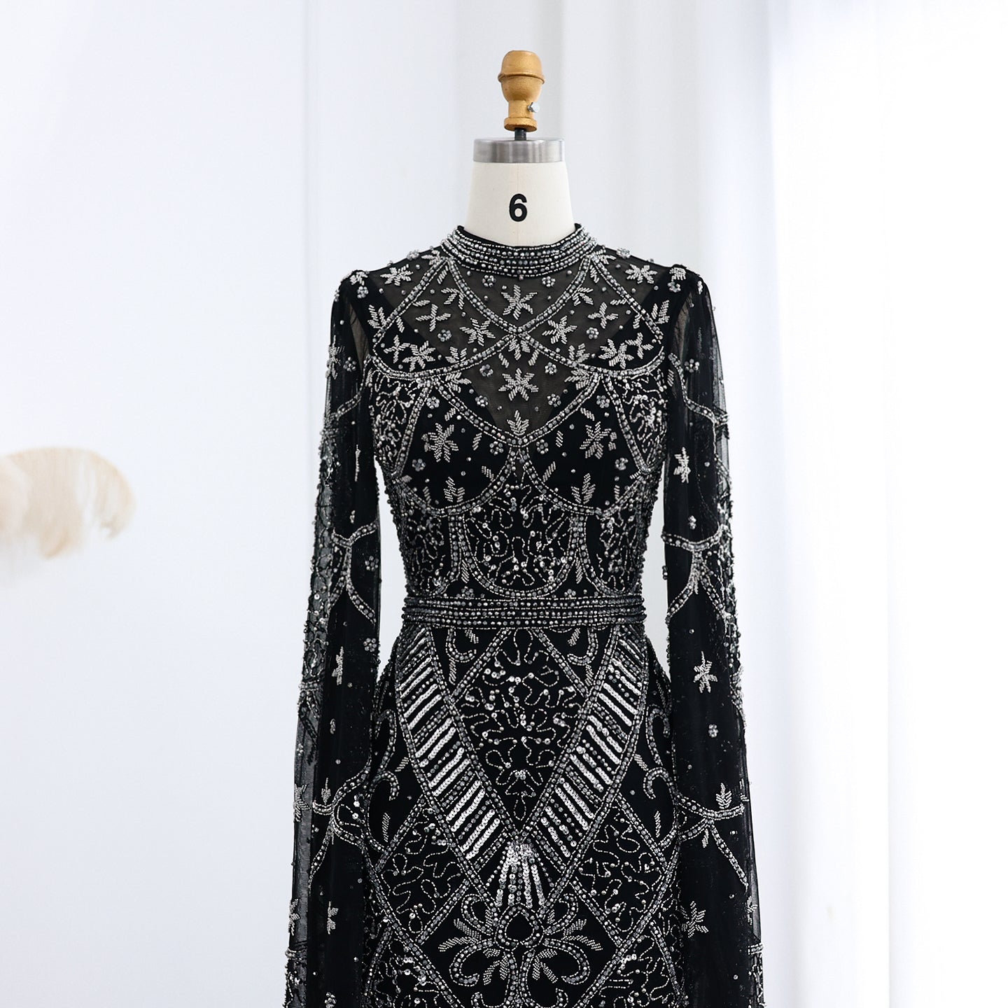 Luxury Black Beaded Evening Dress with Flare Long Sleeves SS153