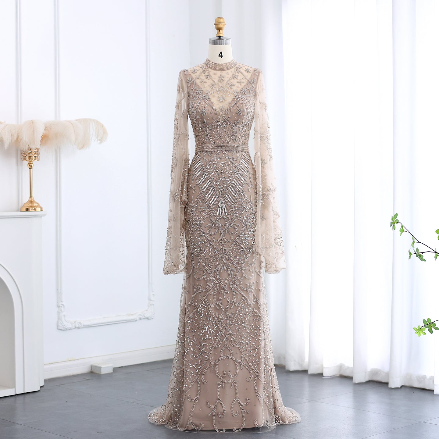 Luxury Black Beaded Evening Dress with Flare Long Sleeves SS153  Champagne / US 18
