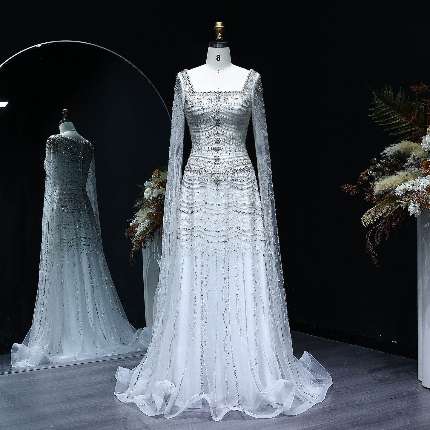 Luxury Beaded Caramel Evening Dress with Cape Sleeve SS591  White / US 20