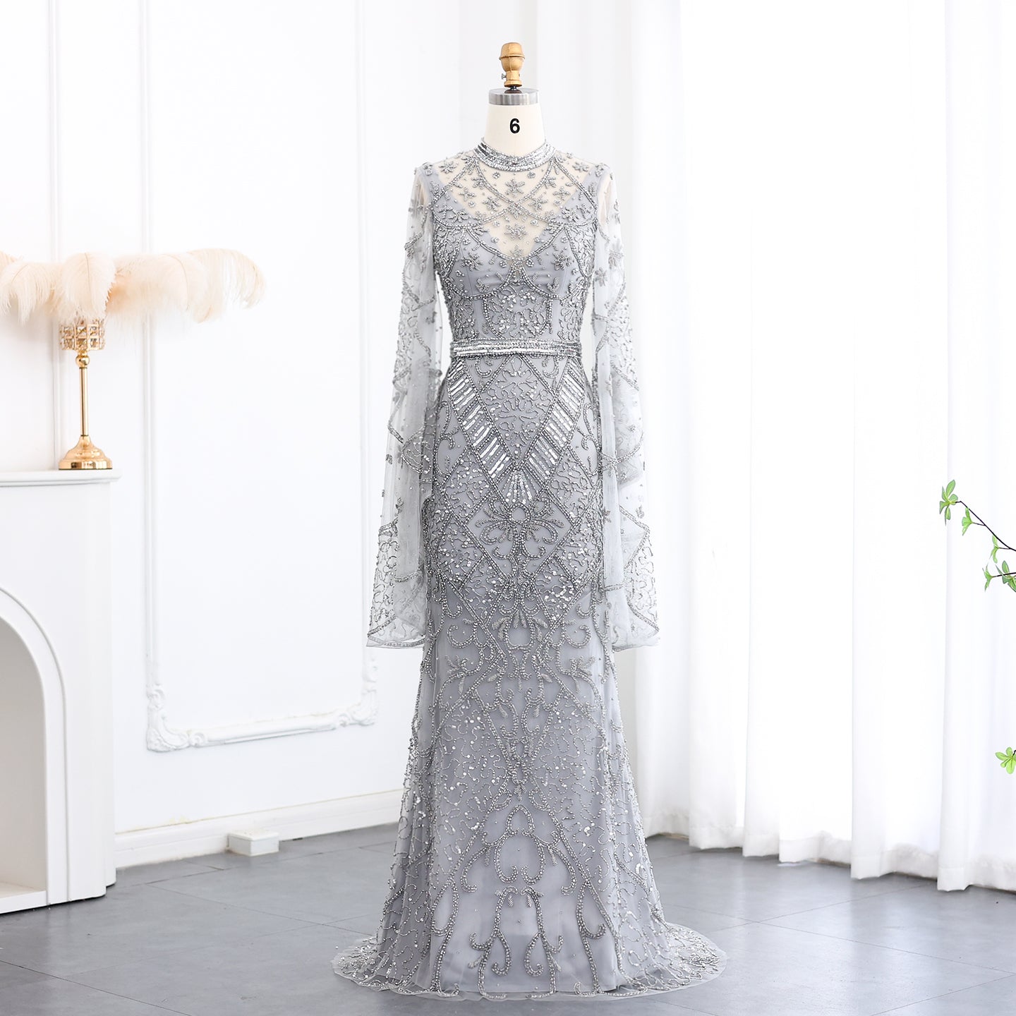Luxury Black Beaded Evening Dress with Flare Long Sleeves SS153  Gray / US 18