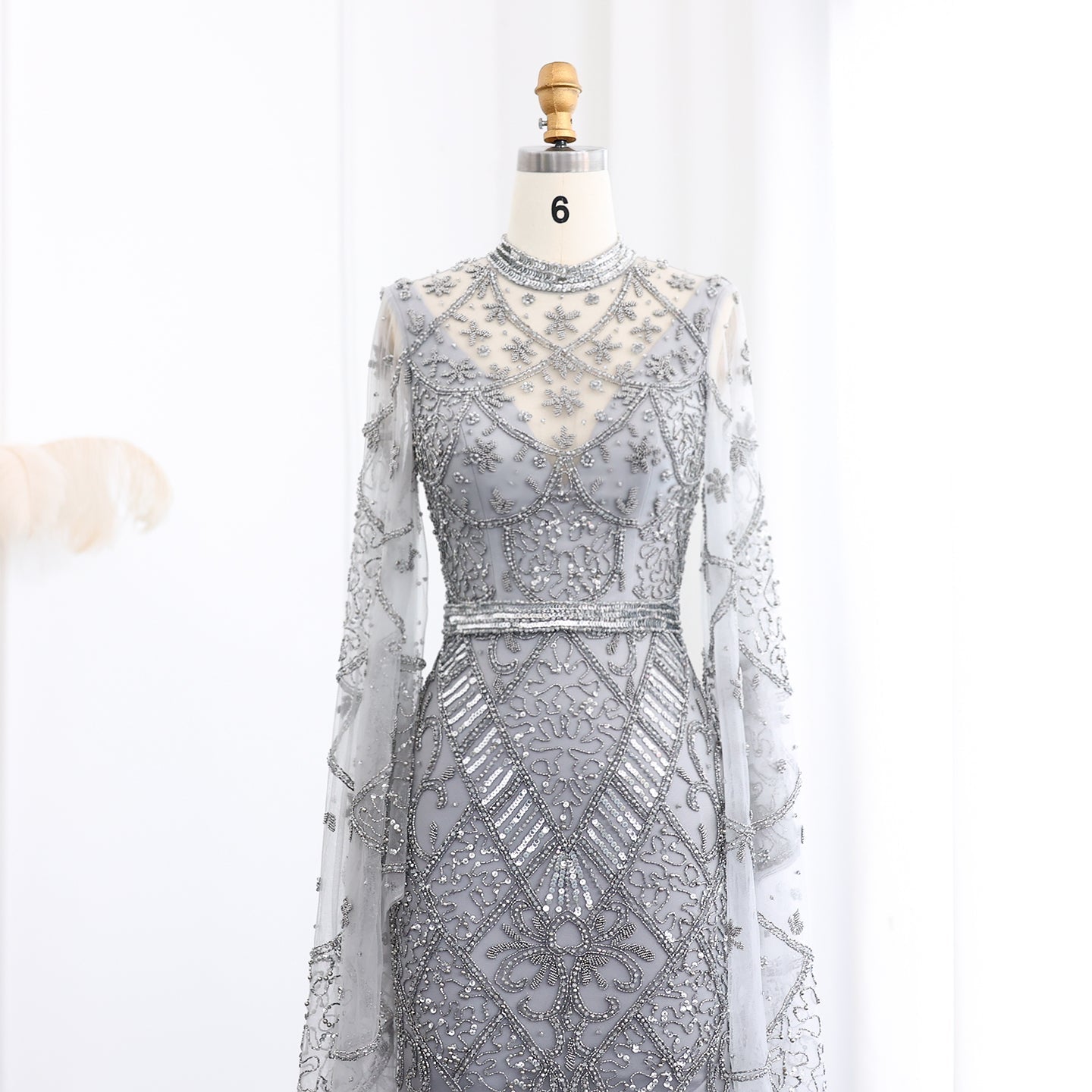 Luxury Black Beaded Evening Dress with Flare Long Sleeves SS153