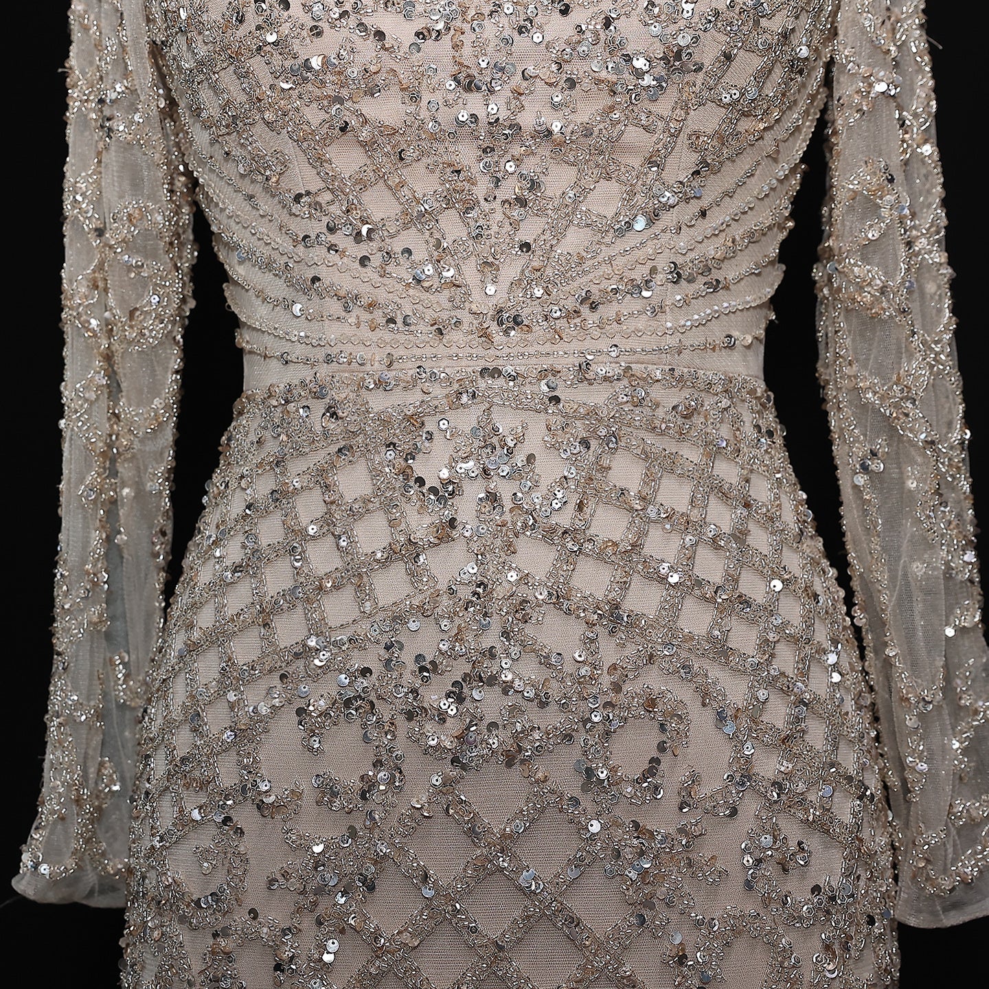 Heavy Beaded Luxury Champagne Long Sleeves Evening Dress SS097
