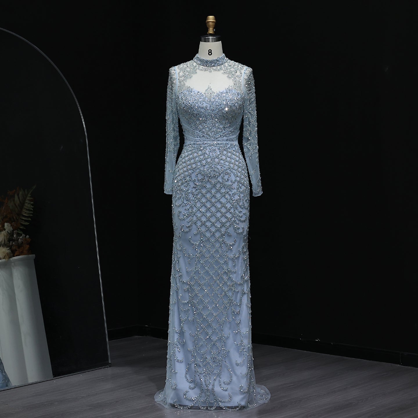 Heavy Beaded Luxury Champagne Long Sleeves Evening Dress SS097  Blue / US 18