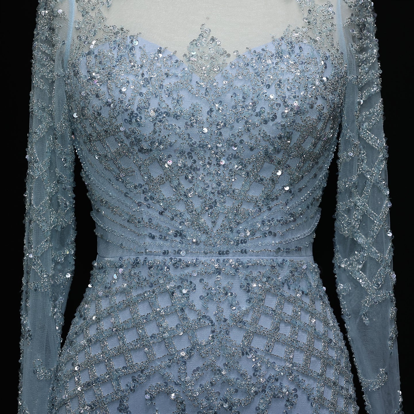 Heavy Beaded Luxury Champagne Long Sleeves Evening Dress SS097