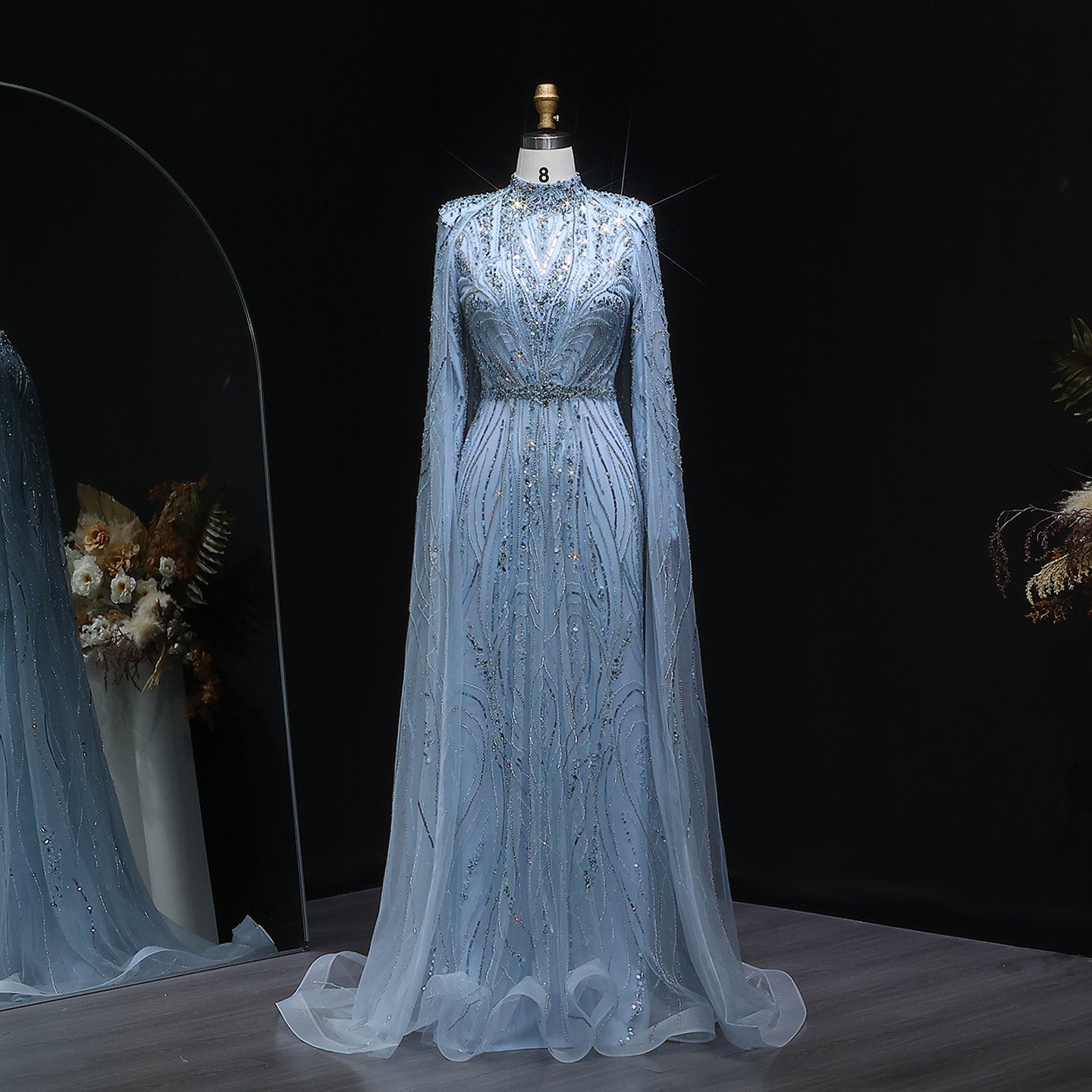 Luxury Champagne Long Sleeve High Neck Evening Dress with Cape SS366