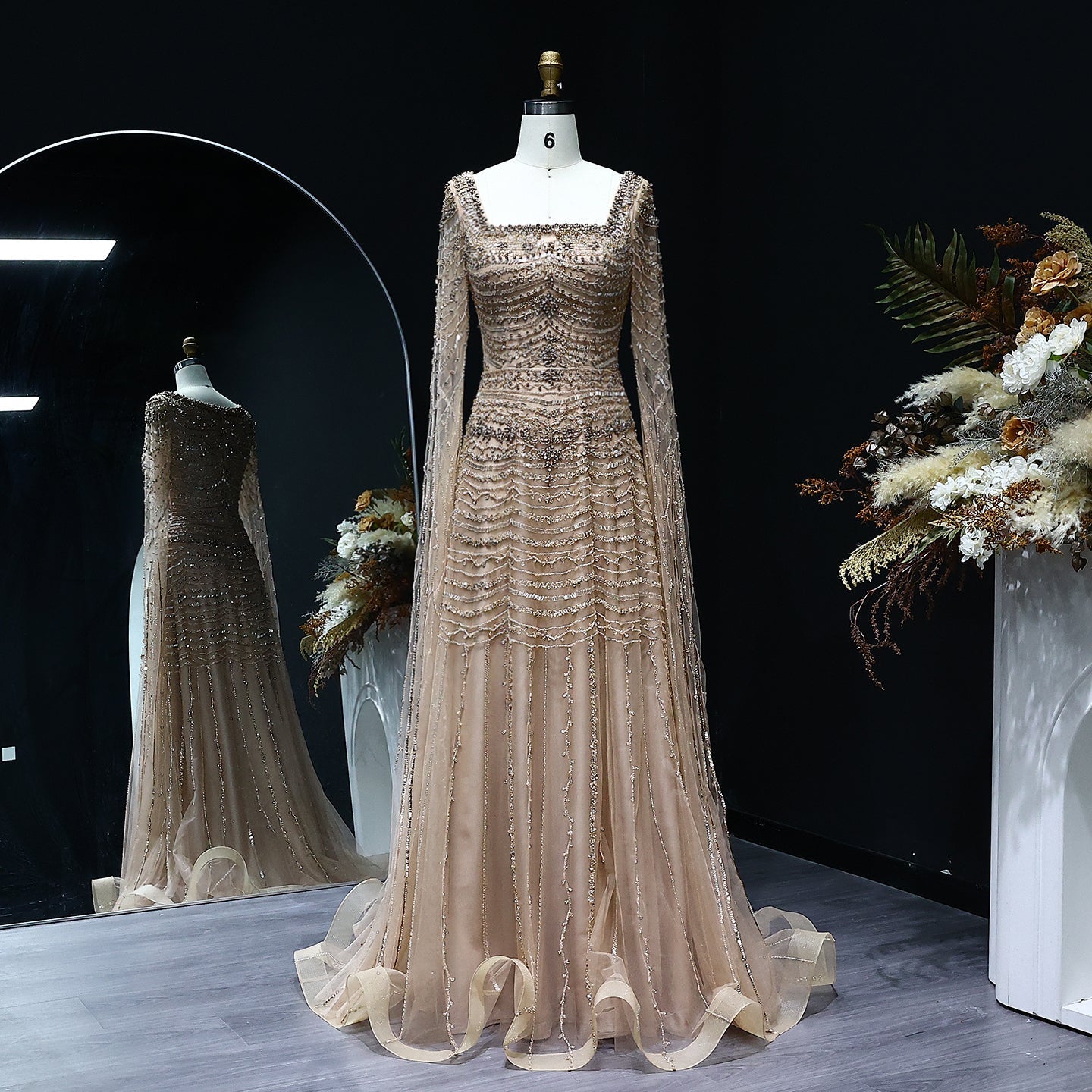 Luxury Beaded Caramel Evening Dress with Cape Sleeve SS591  Champagne / US 20