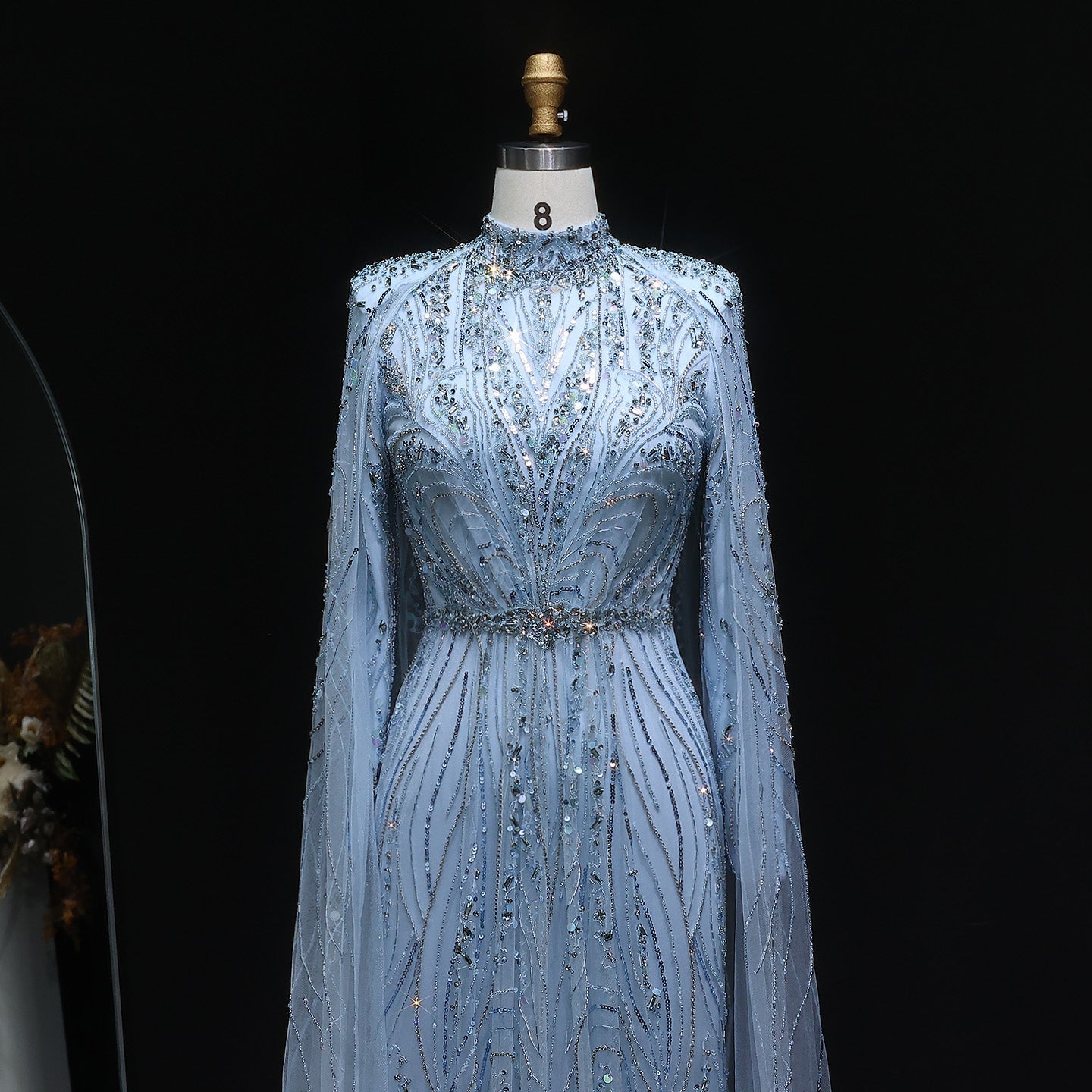 Luxury Champagne Long Sleeve High Neck Evening Dress with Cape SS366