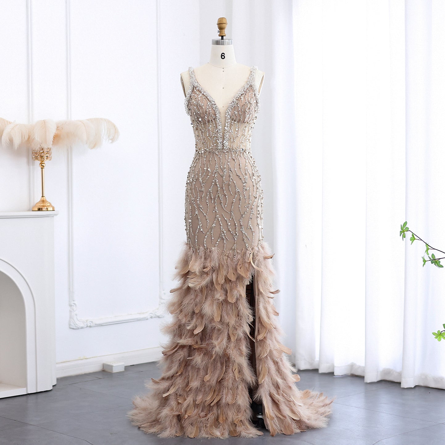 Luxury Feathers Pink Spaghetti Evening Dress with Slit SS184  Champagne / US 18