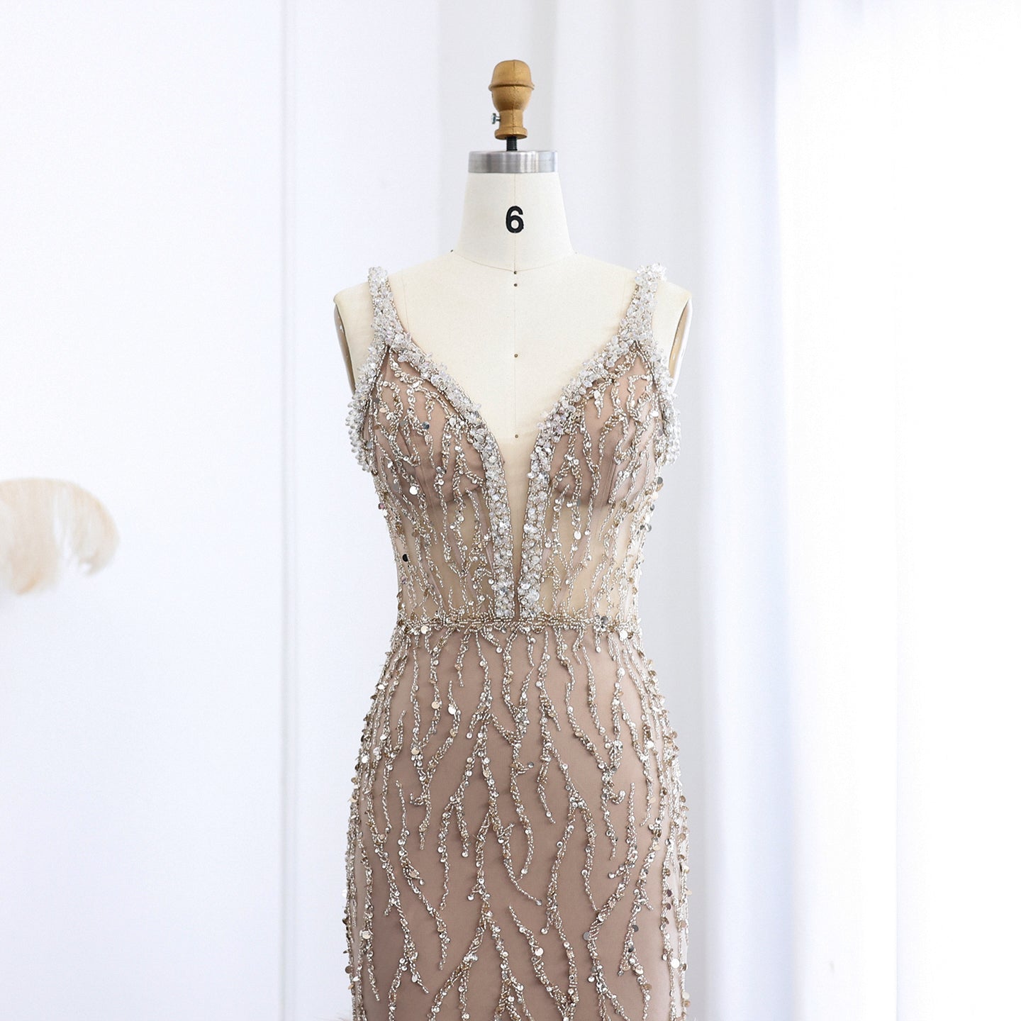 Luxury Feathers Pink Spaghetti Evening Dress with Slit SS184