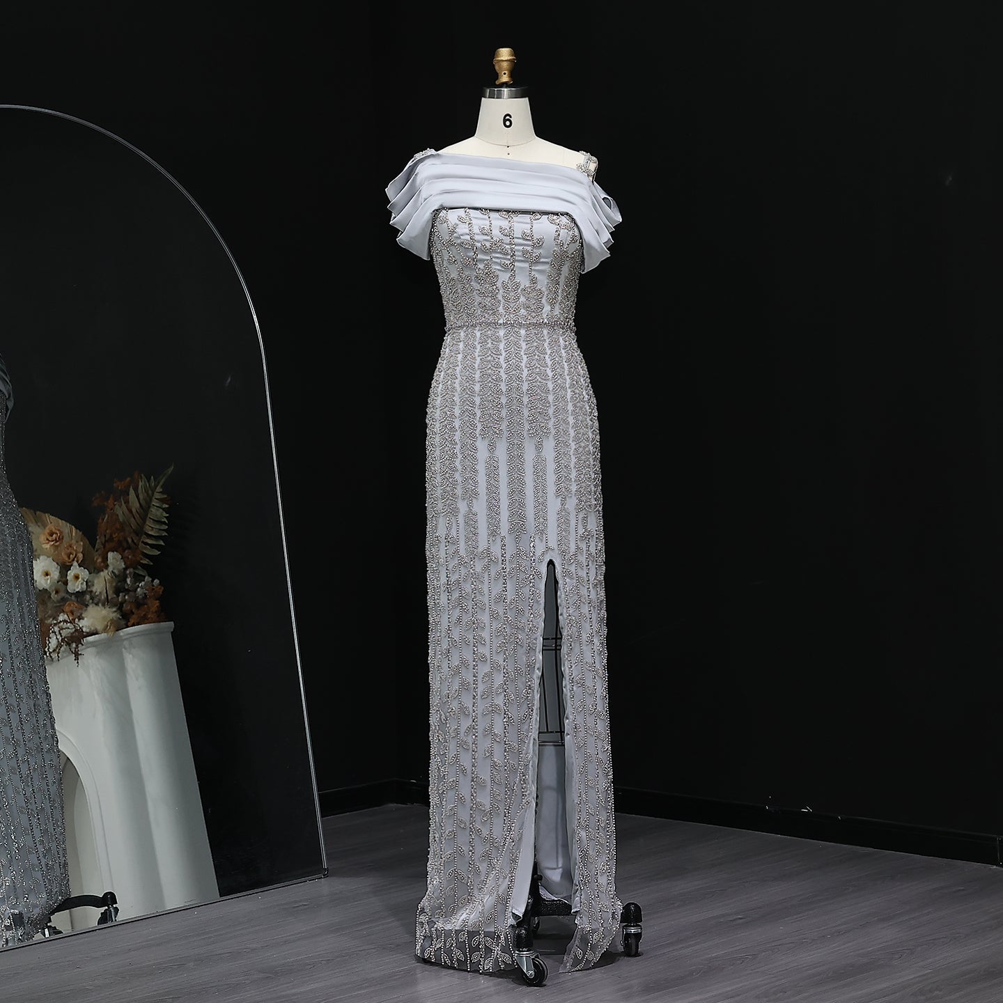 Elegant Off Shouler Silver Evening Dress with Slit SS713