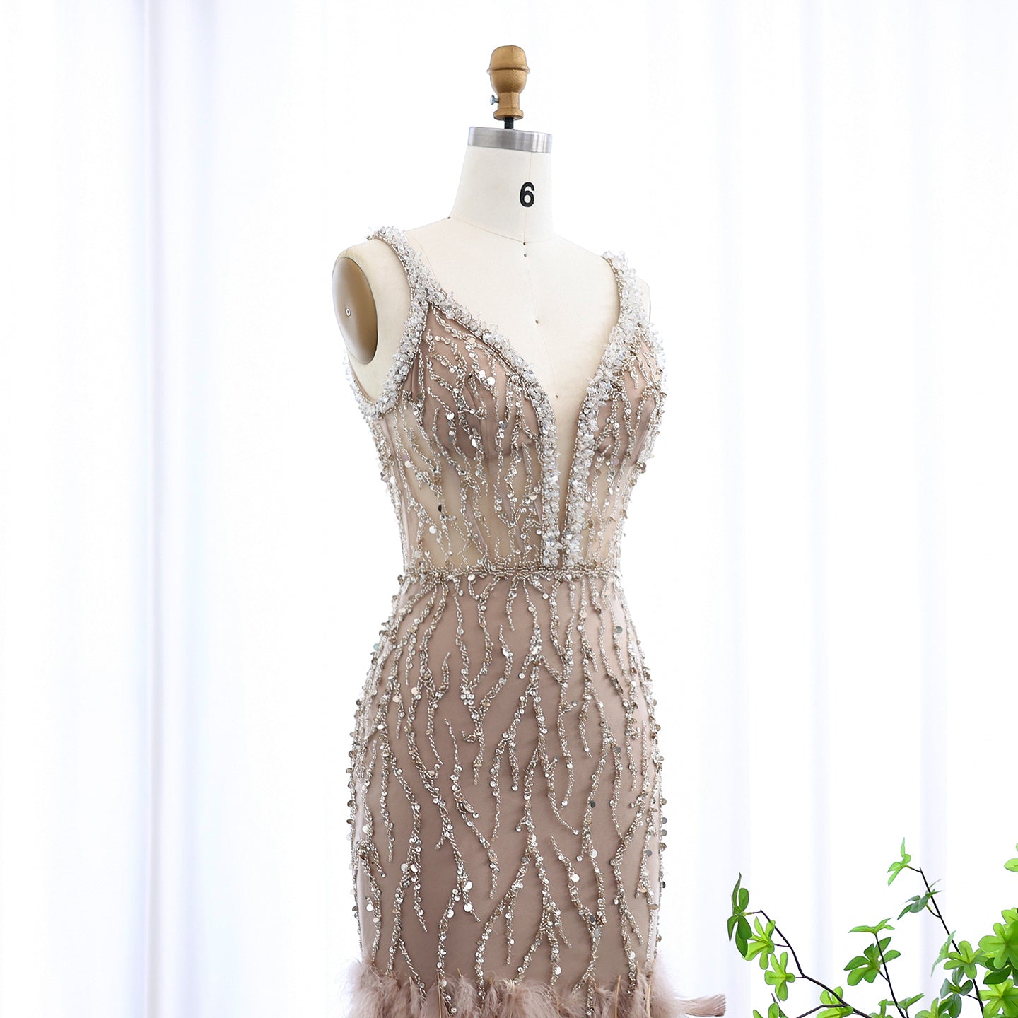 Luxury Feathers Pink Spaghetti Evening Dress with Slit SS184