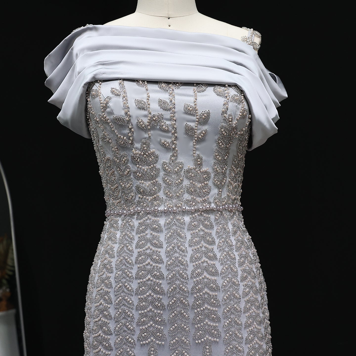 Elegant Off Shouler Silver Evening Dress with Slit SS713