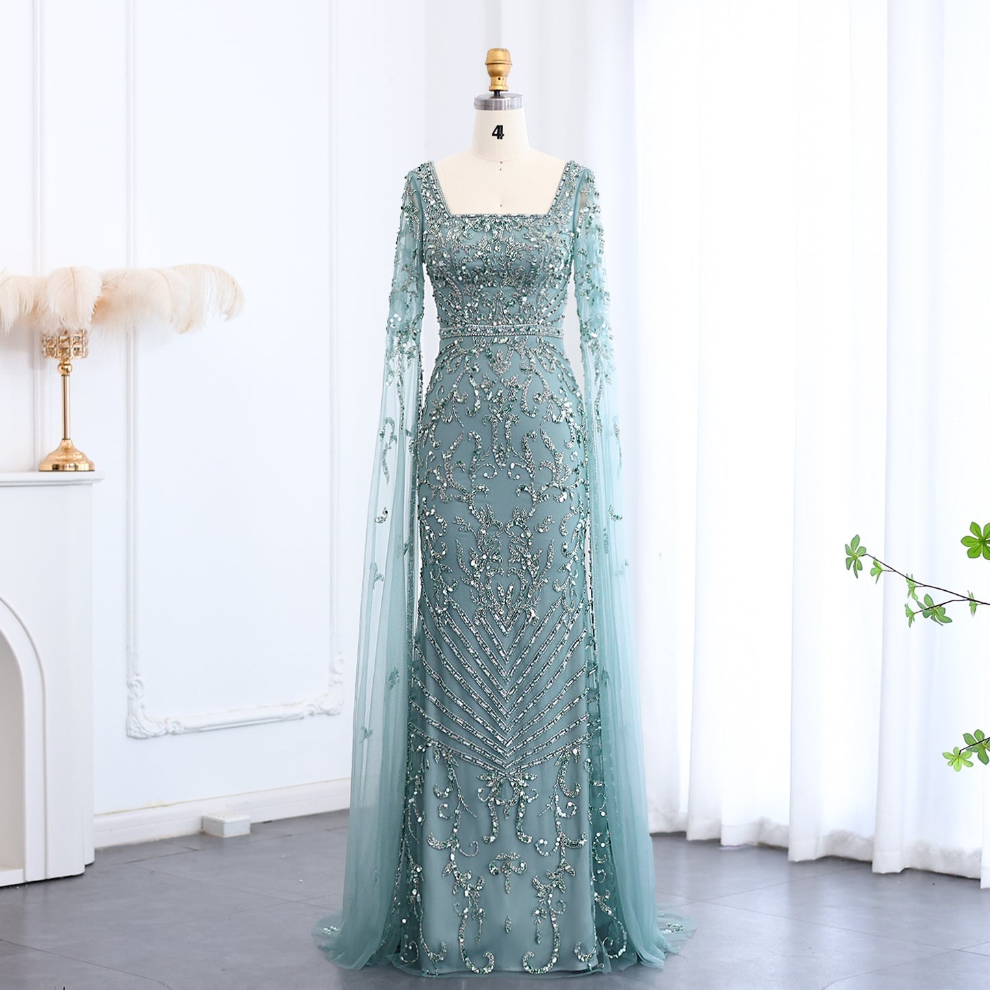 Luxury Turquoise Beaded Mermaid Evening Dress with Cape Sleeves SS469  Turquoise / US 18