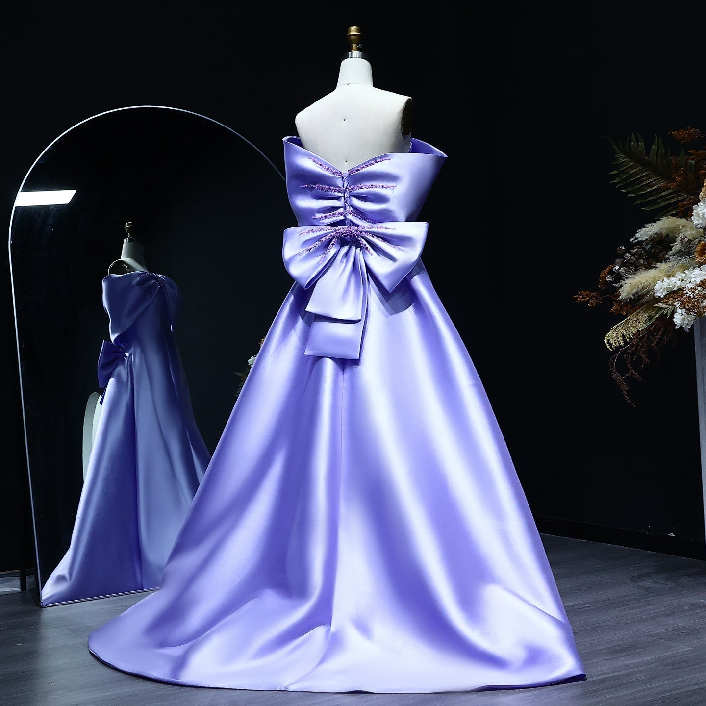 Elegant Off Shoulder Lilac Evening Dress with Overskirt SS400