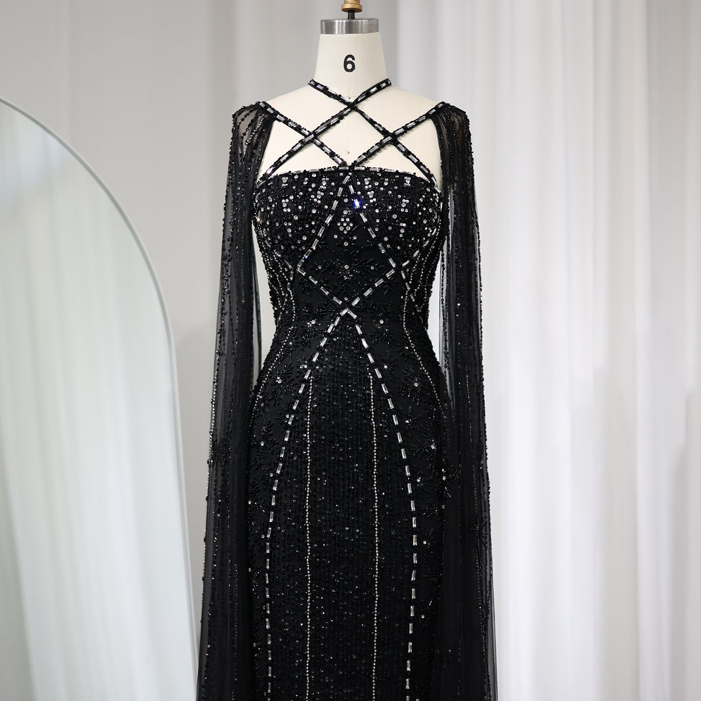 Luxury Aqua Crisscross Evening Dress with Cape Sleeves SS391