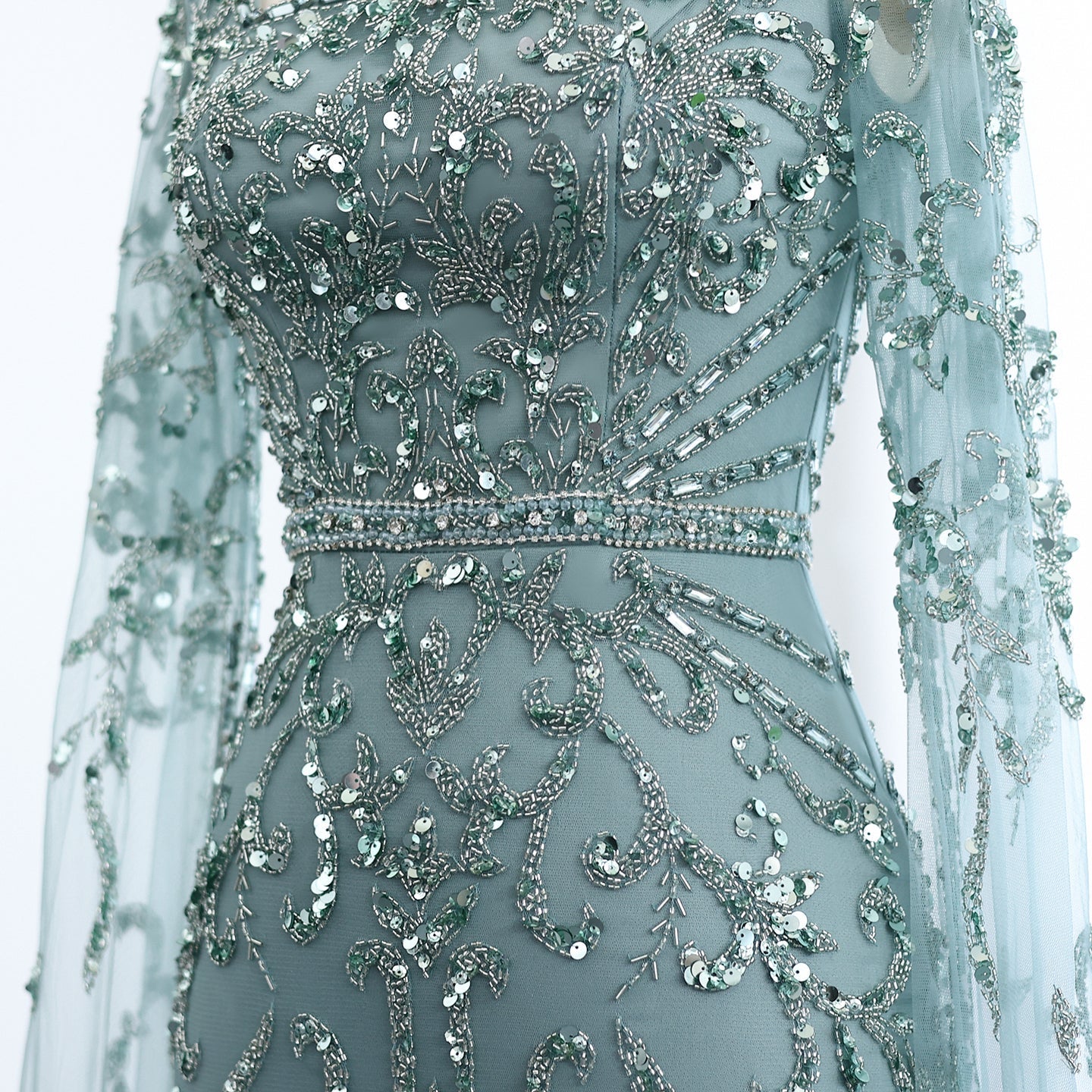 Luxury Turquoise Beaded Mermaid Evening Dress with Cape Sleeves SS469