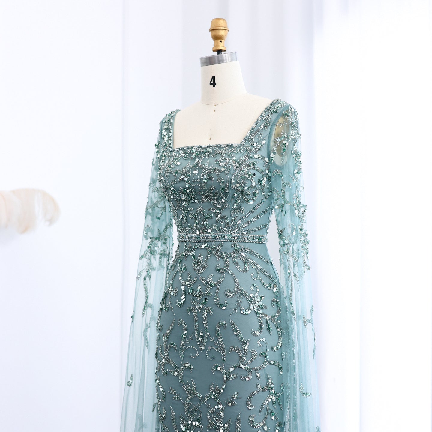 Luxury Turquoise Beaded Mermaid Evening Dress with Cape Sleeves SS469