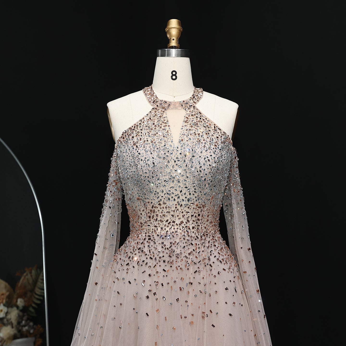 Luxury Crystal Halter Blue Evening Dress with Cape Sleeve SS096