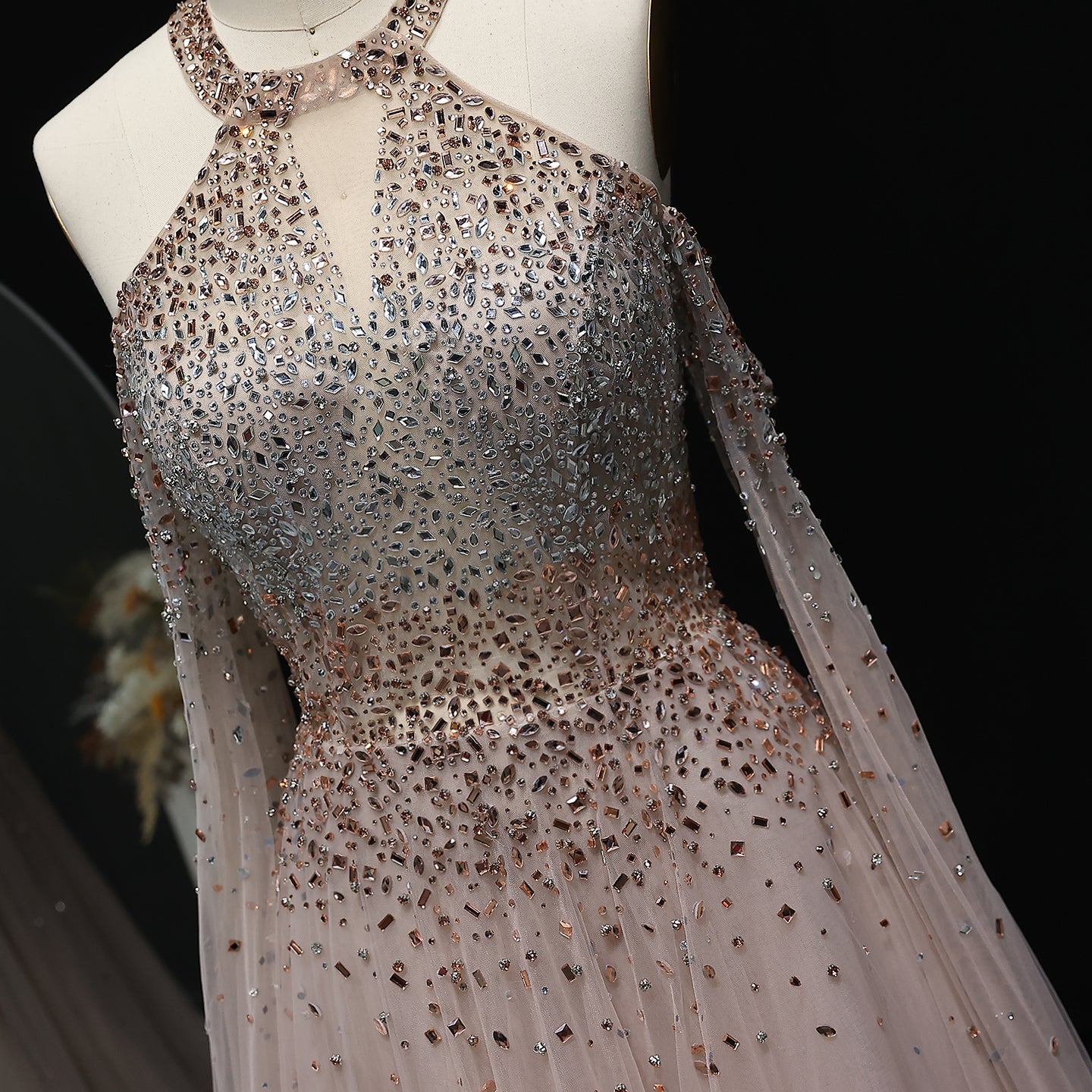 Luxury Crystal Halter Blue Evening Dress with Cape Sleeve SS096