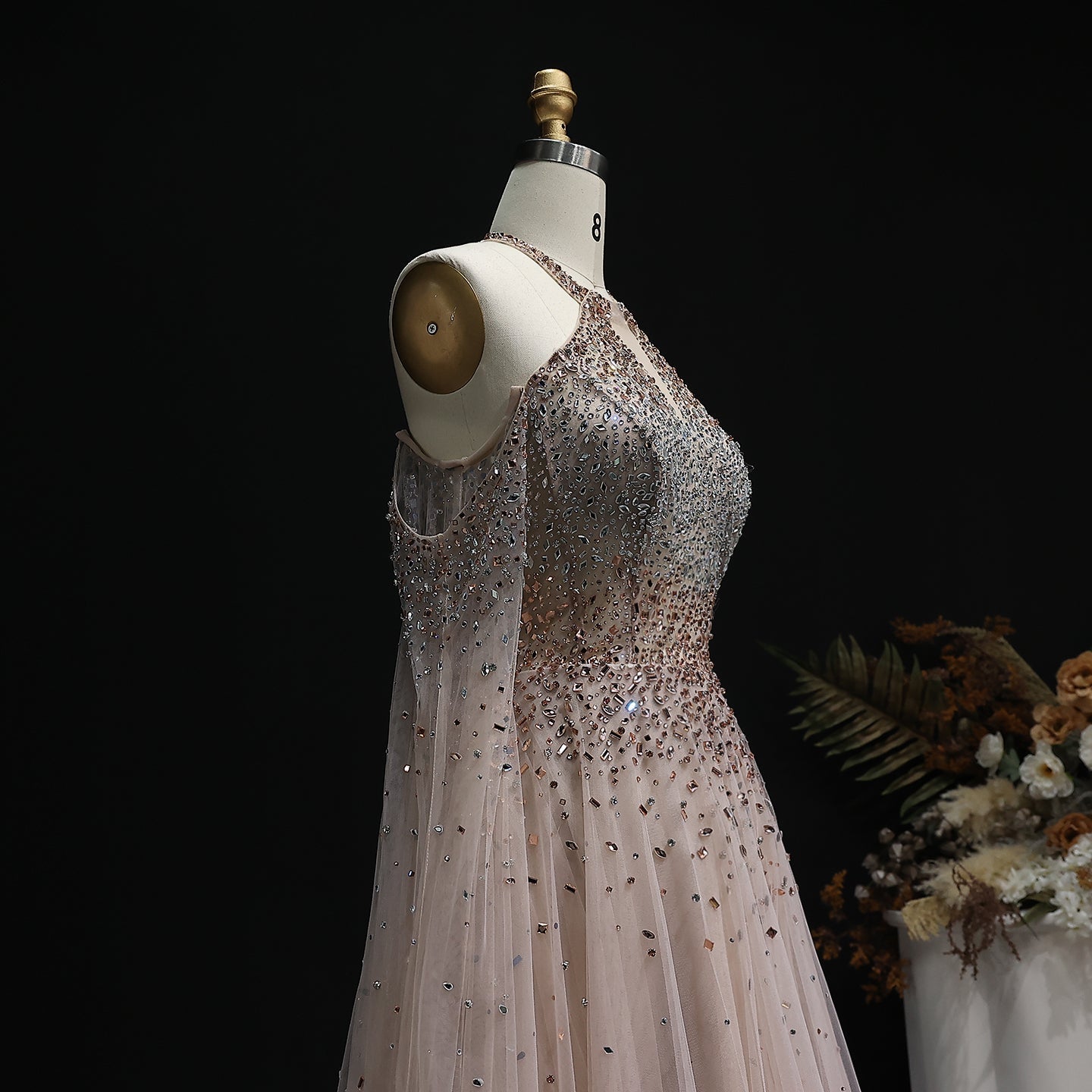 Luxury Crystal Halter Blue Evening Dress with Cape Sleeve SS096