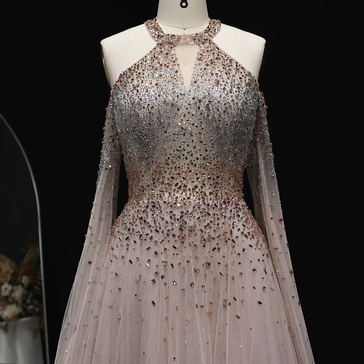 Luxury Crystal Halter Blue Evening Dress with Cape Sleeve SS096