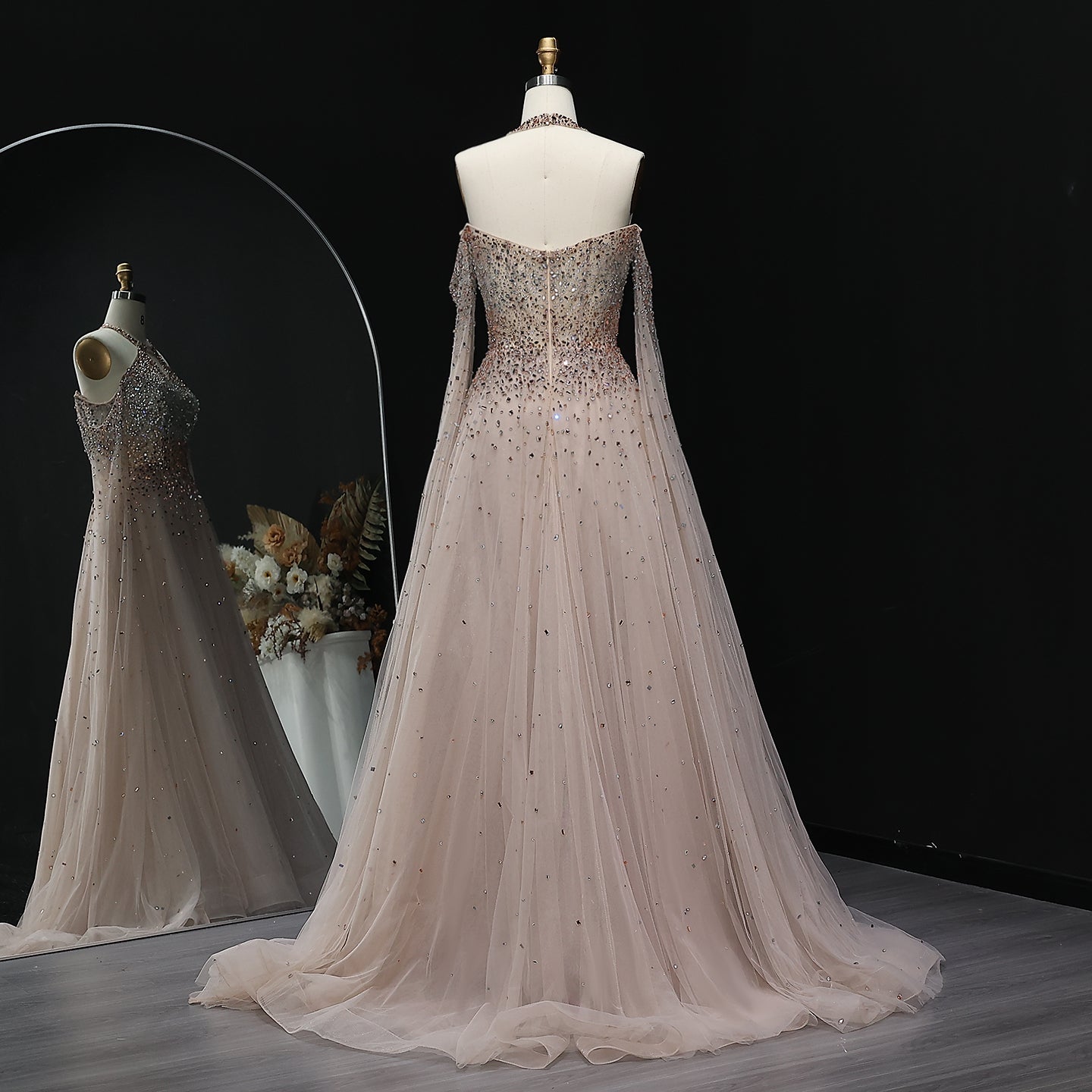 Luxury Crystal Halter Blue Evening Dress with Cape Sleeve SS096