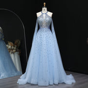 Luxury Crystal Halter Blue Evening Dress with Cape Sleeve SS096  Blue / US 22