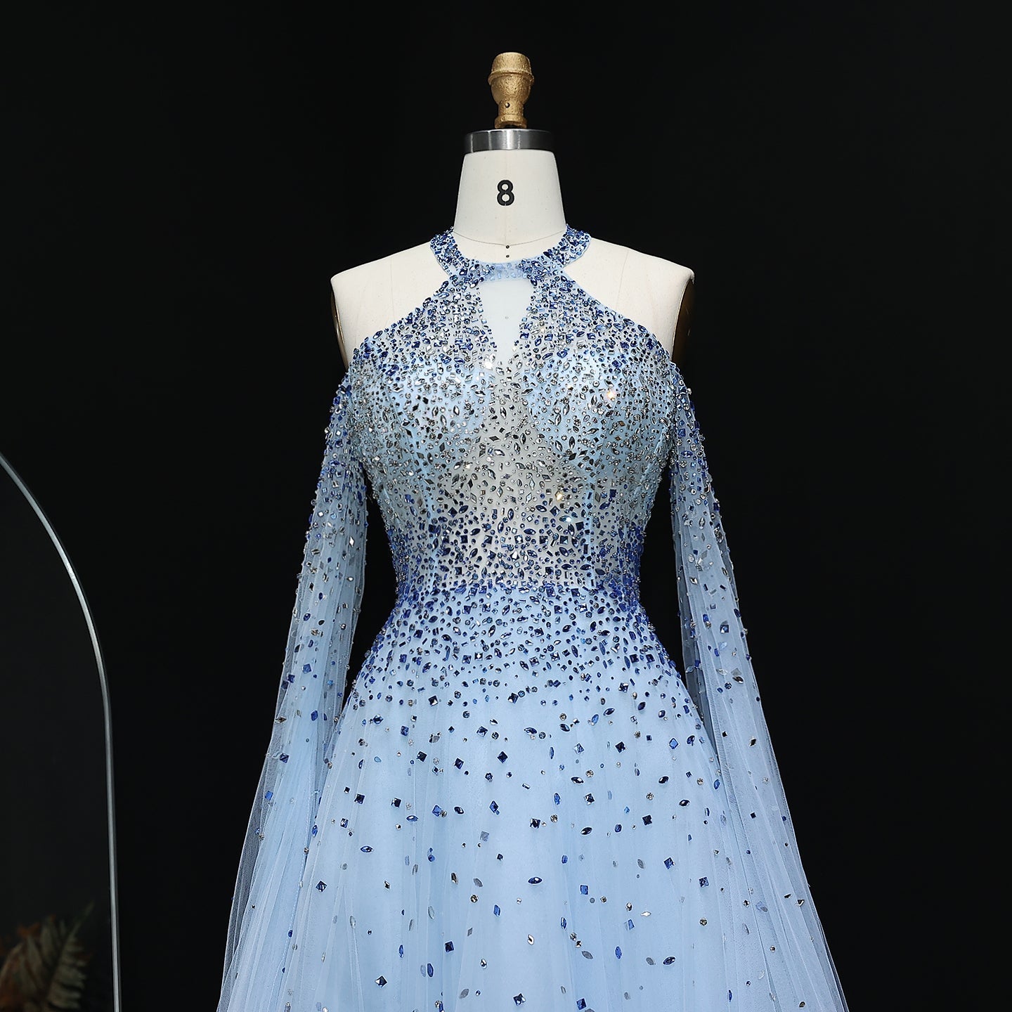 Luxury Crystal Halter Blue Evening Dress with Cape Sleeve SS096