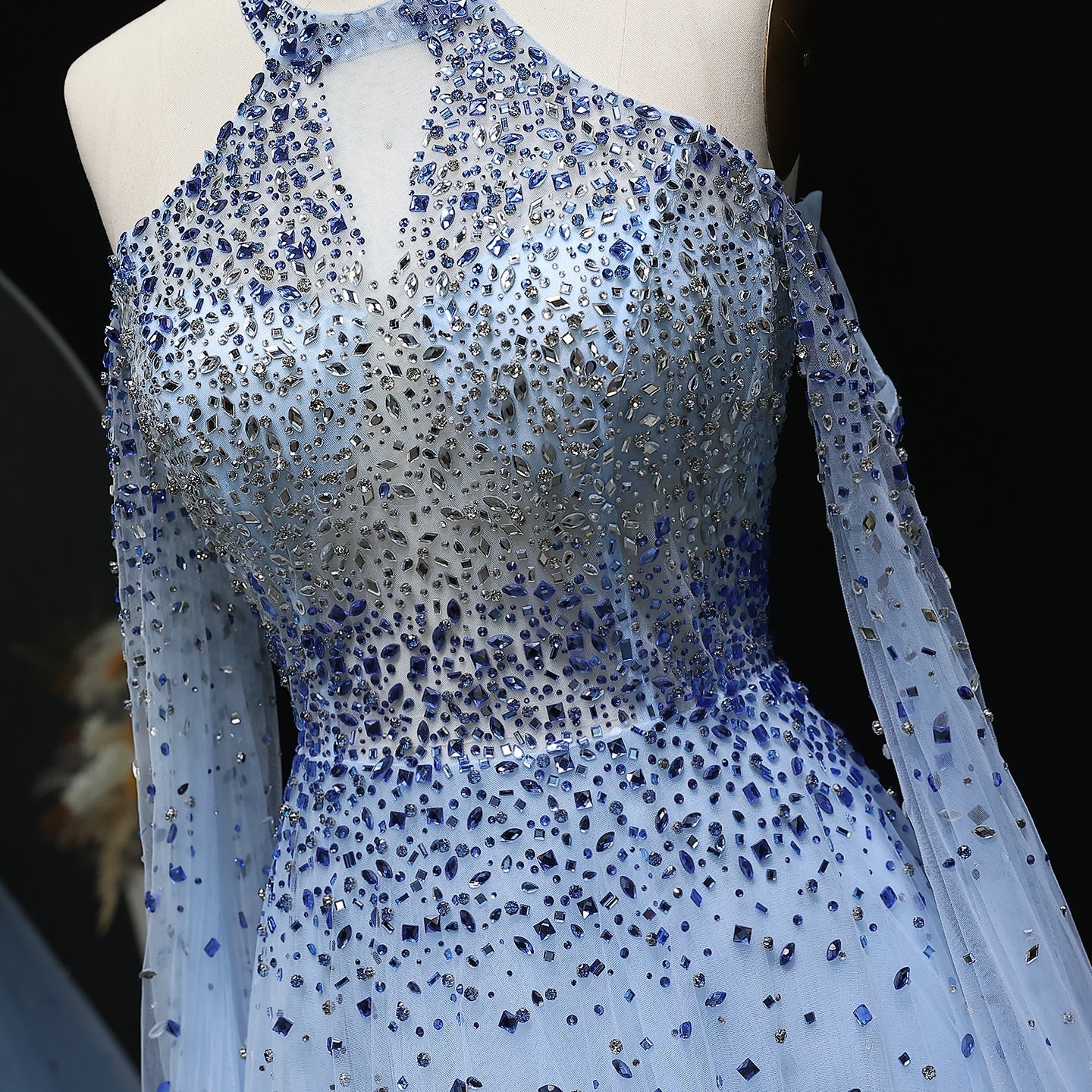 Luxury Crystal Halter Blue Evening Dress with Cape Sleeve SS096