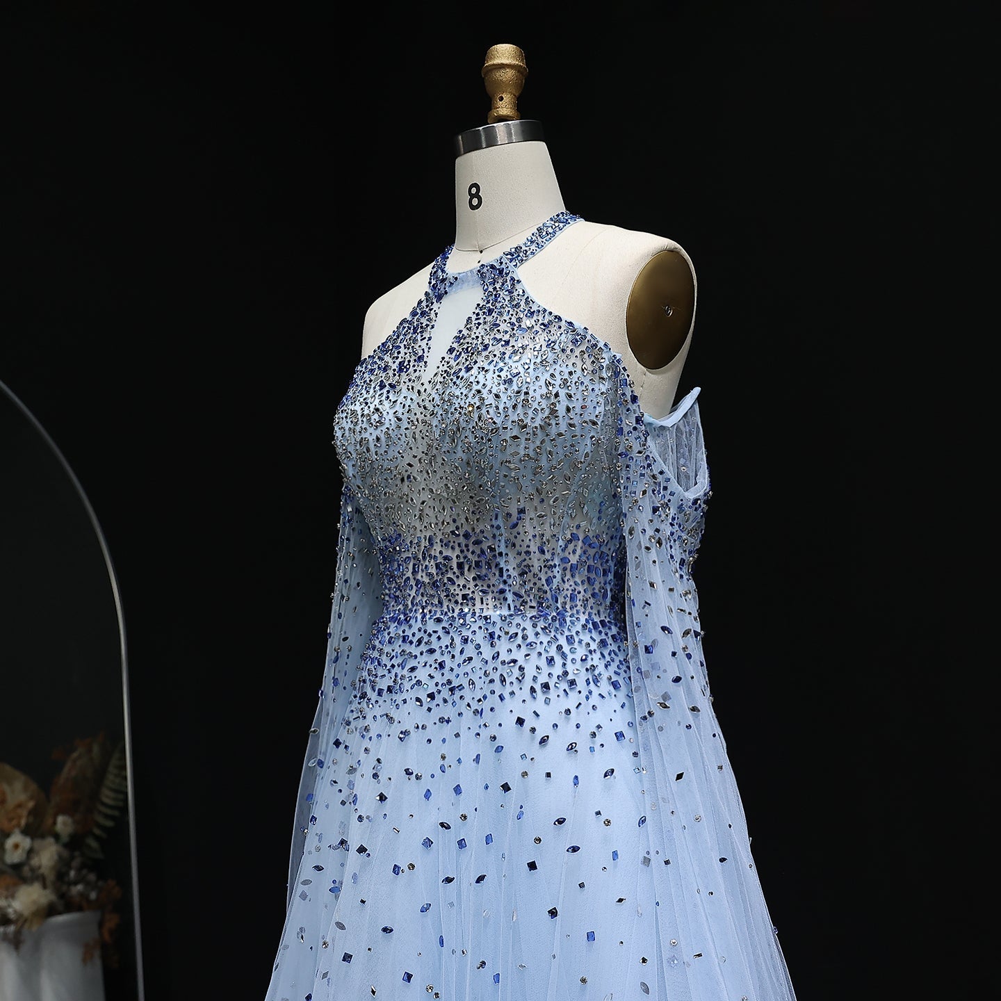 Luxury Crystal Halter Blue Evening Dress with Cape Sleeve SS096