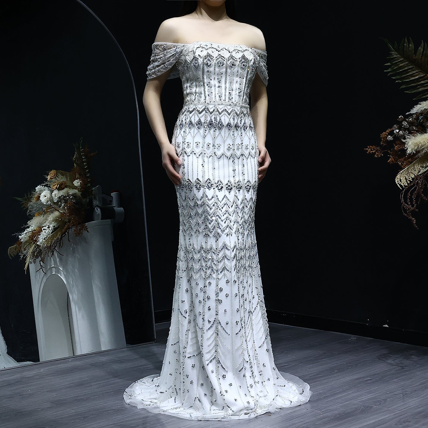 Luxury White Beaded Short Sleeves Evening Dress SS291  White / US 16