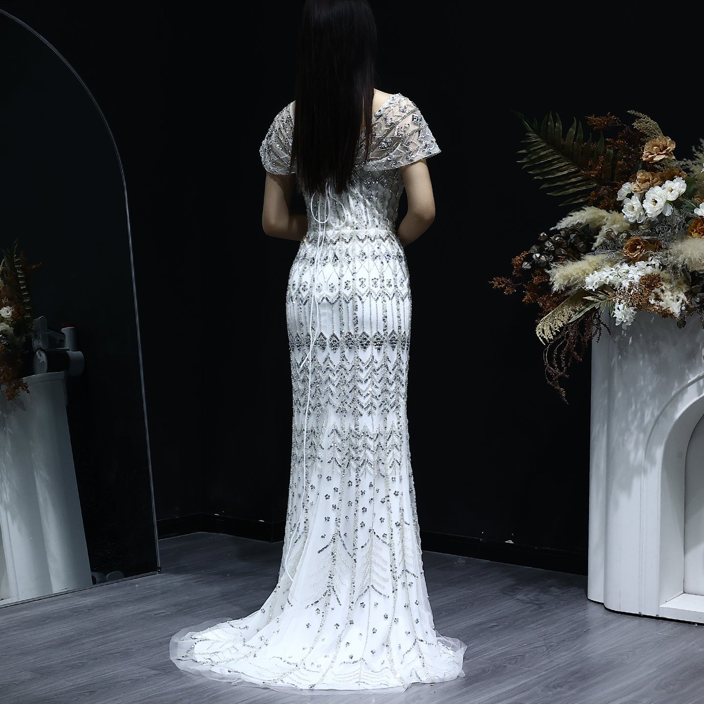 Luxury White Beaded Short Sleeves Evening Dress SS291