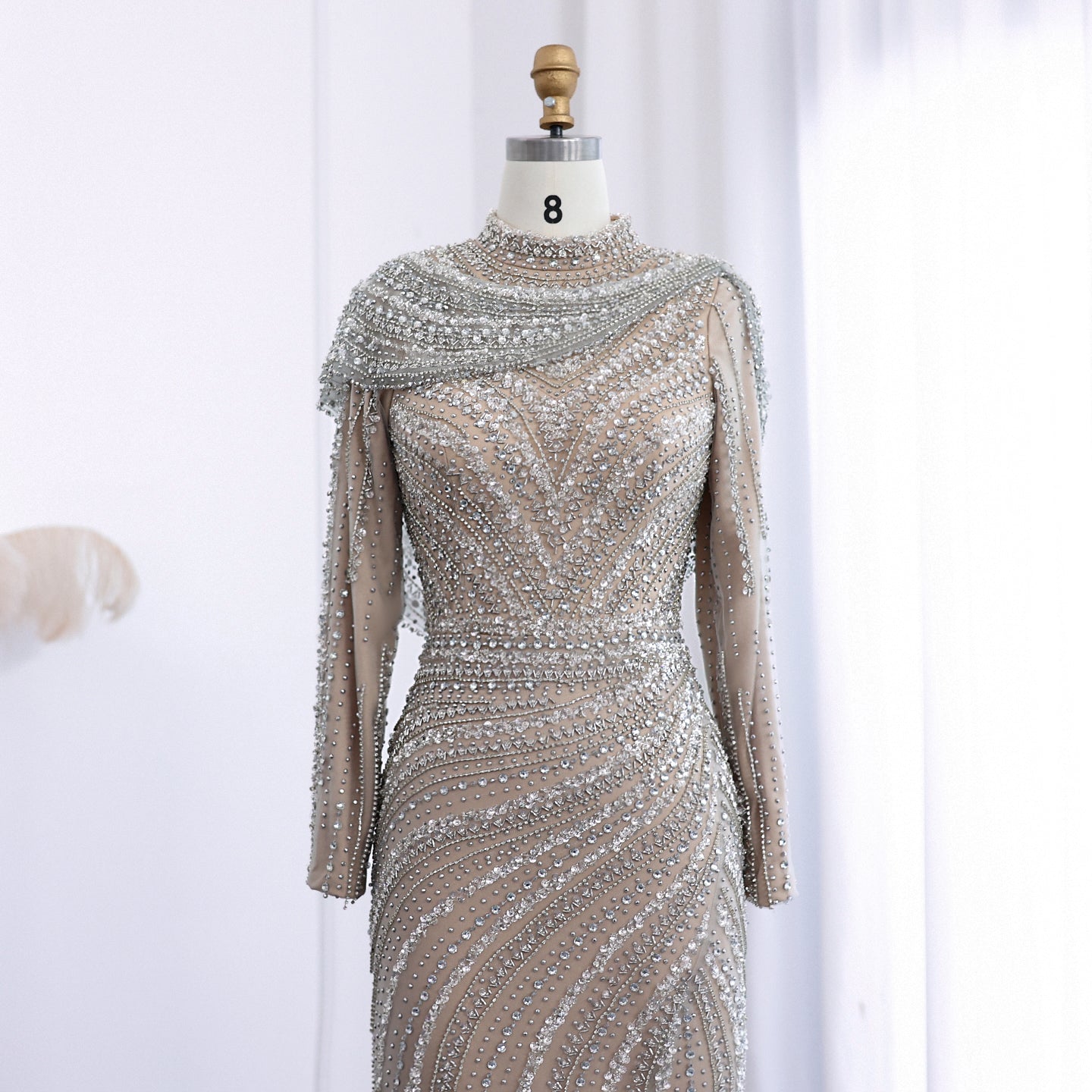 Luxury Beaded Silver Slit Mermaid Evening Dress with Cape SS035