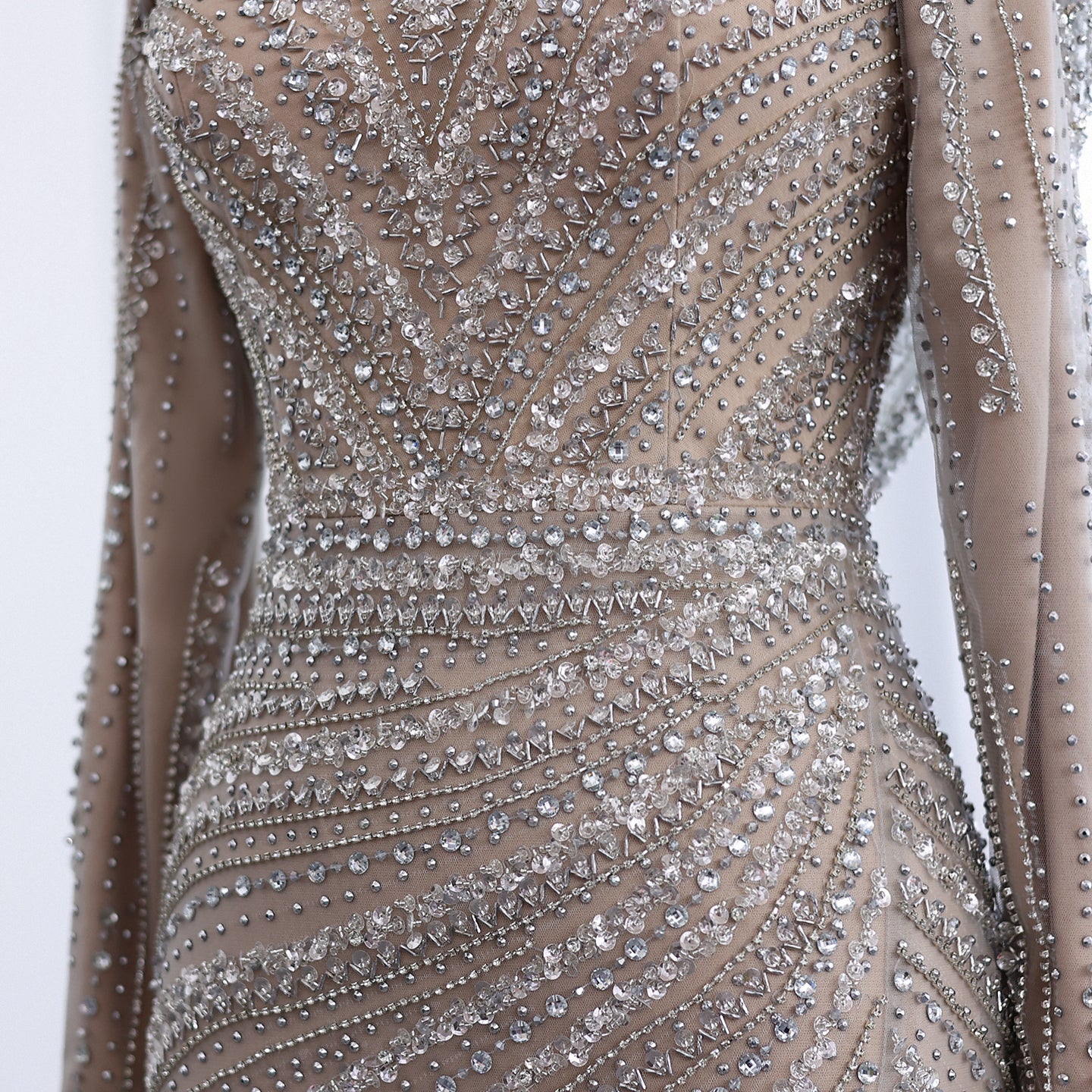 Luxury Beaded Silver Slit Mermaid Evening Dress with Cape SS035