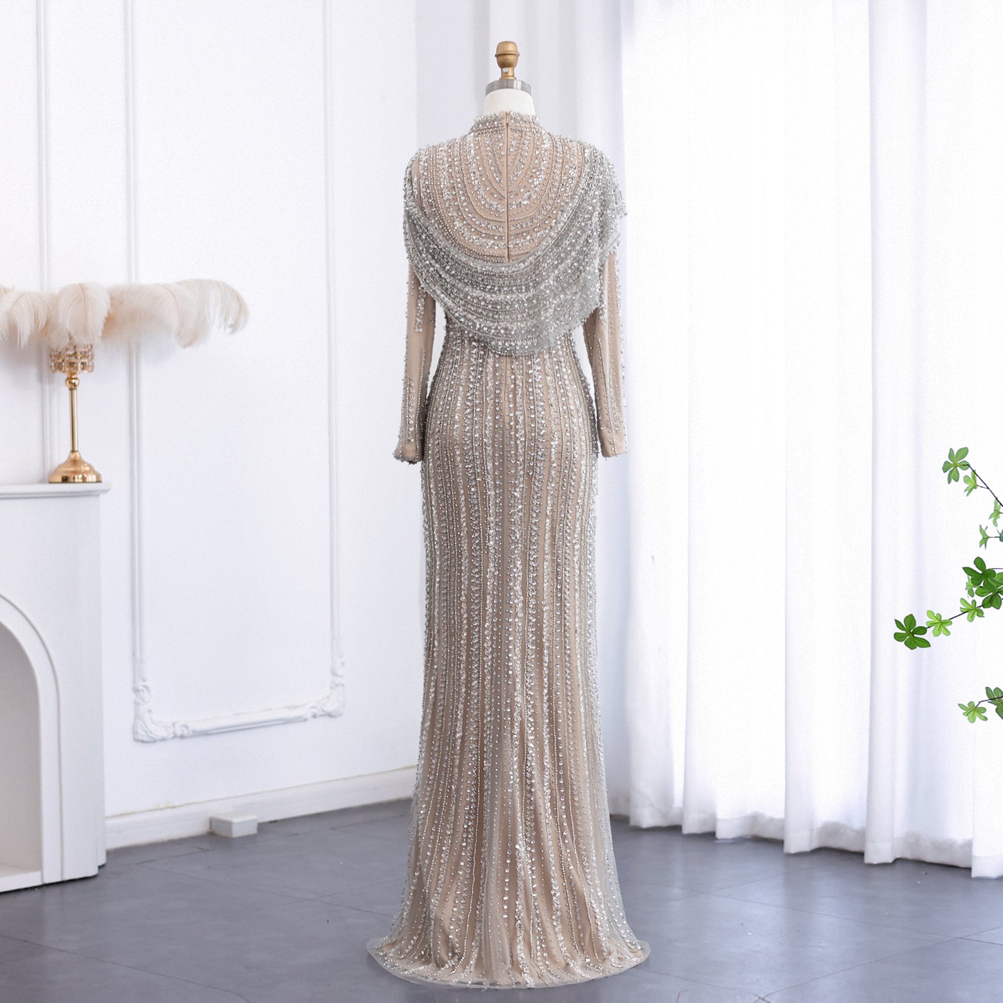 Luxury Beaded Silver Slit Mermaid Evening Dress with Cape SS035