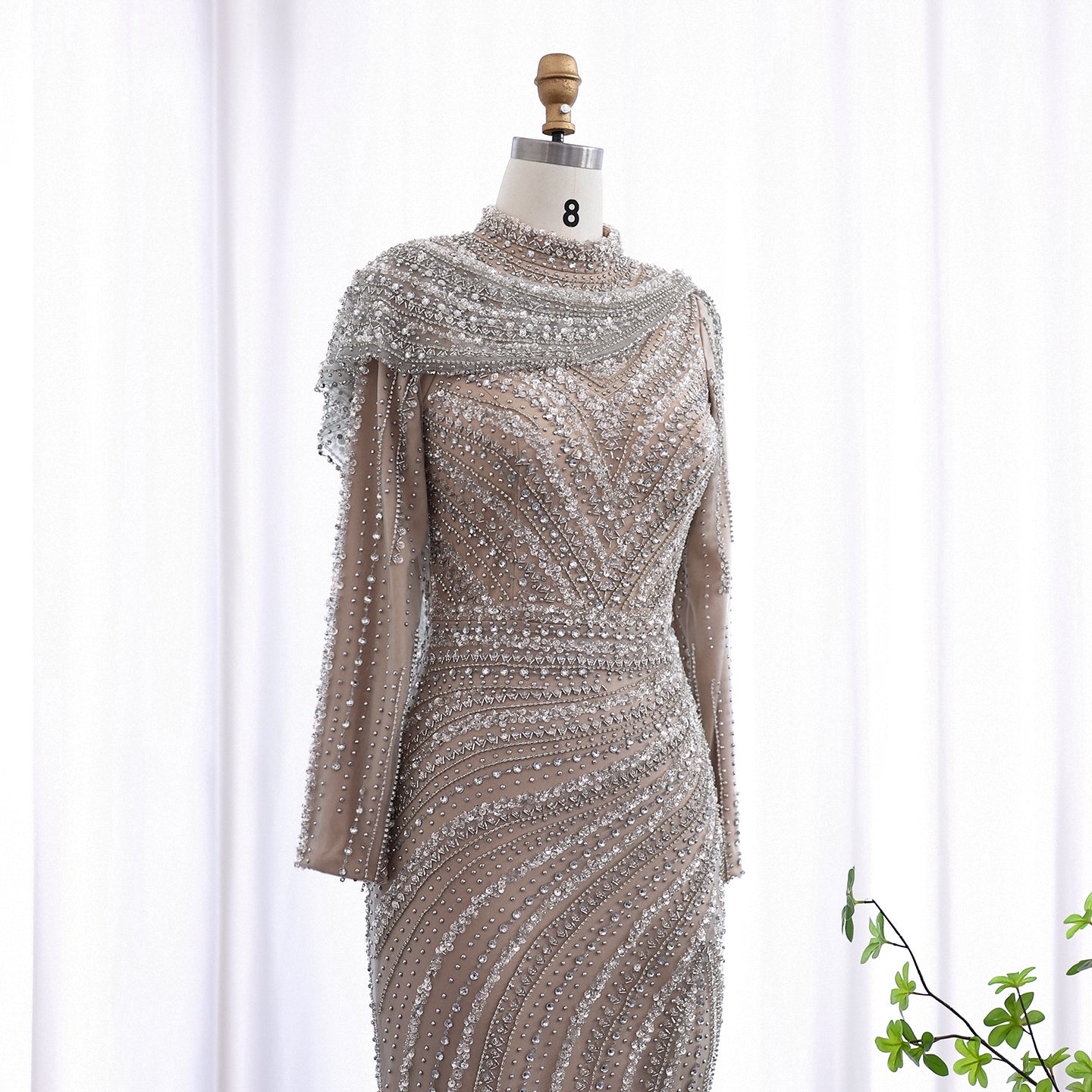 Luxury Beaded Silver Slit Mermaid Evening Dress with Cape SS035