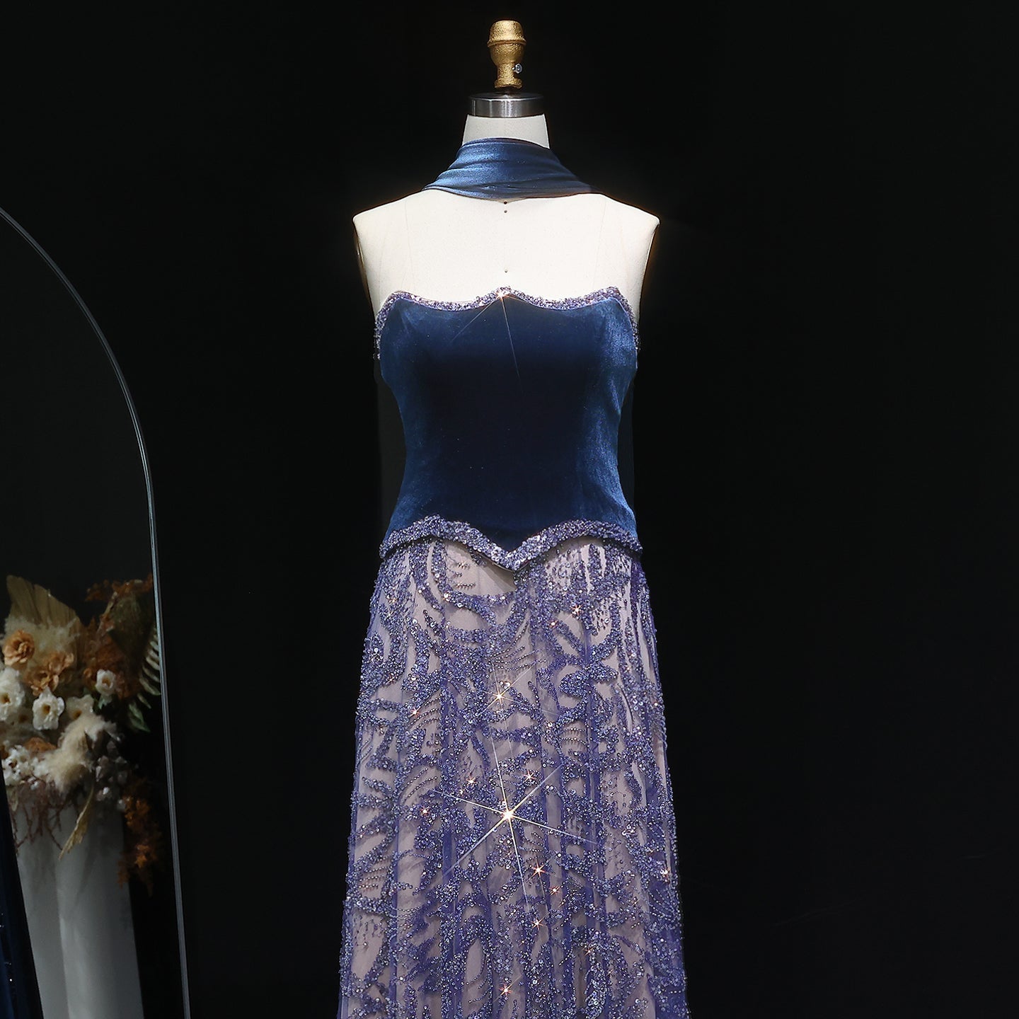 Luxury Beaded Blue Velvet Evening Dress with Scarf  SS793