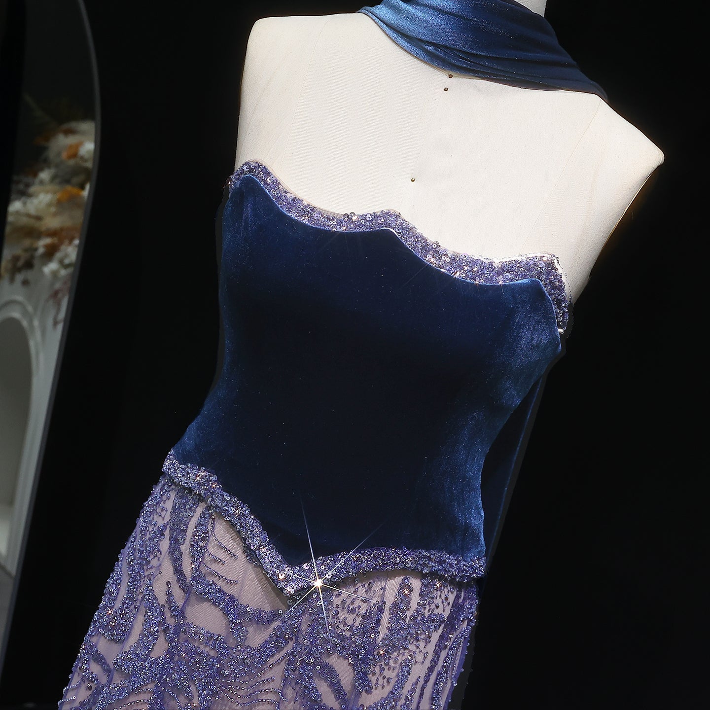 Luxury Beaded Blue Velvet Evening Dress with Scarf  SS793