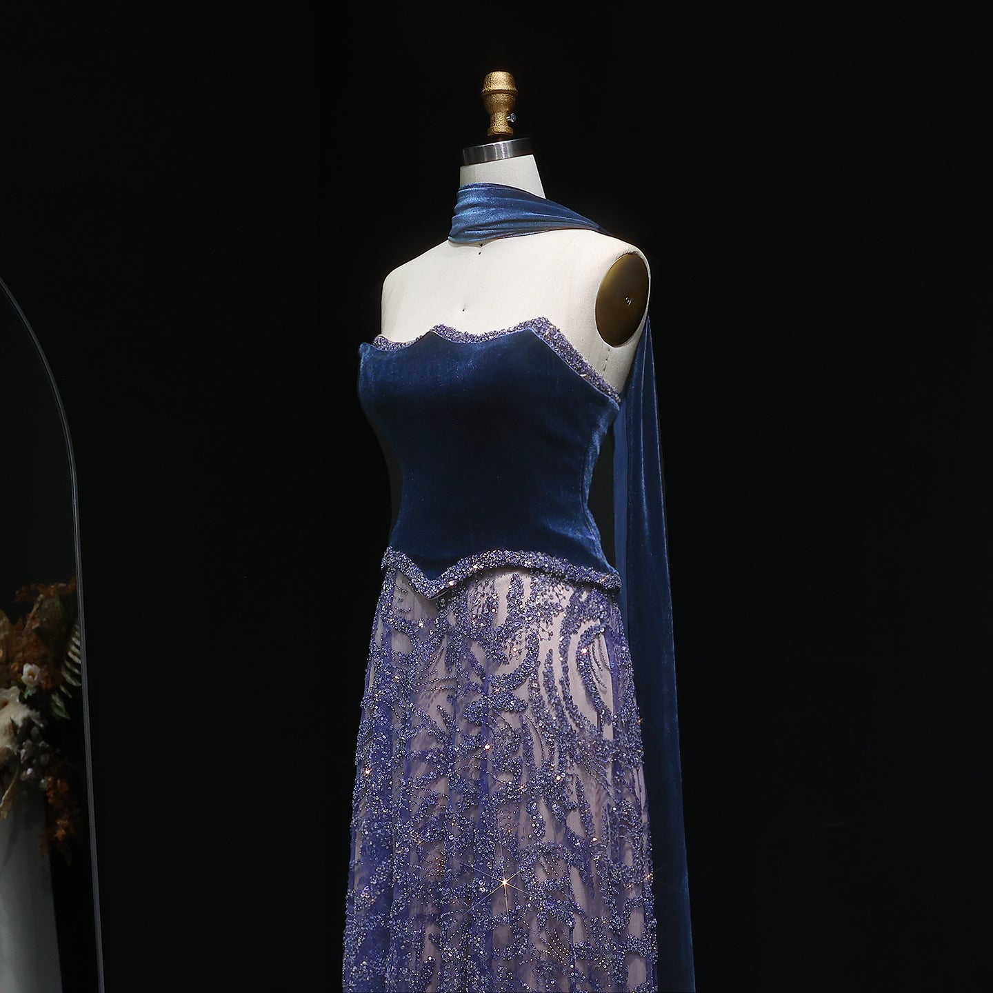 Luxury Beaded Blue Velvet Evening Dress with Scarf  SS793