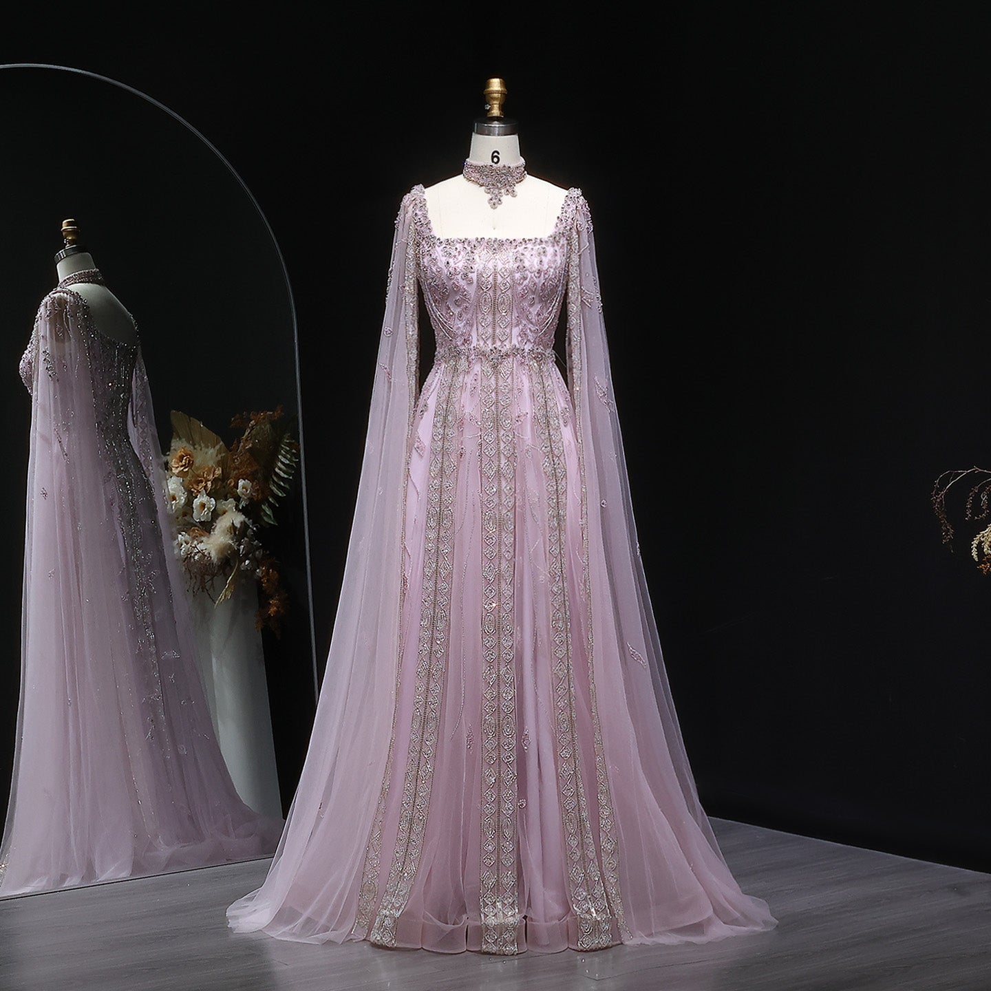 Luxury Nude Evening Dress with Cape Sleeves Chocker SS543  Pink / US 20